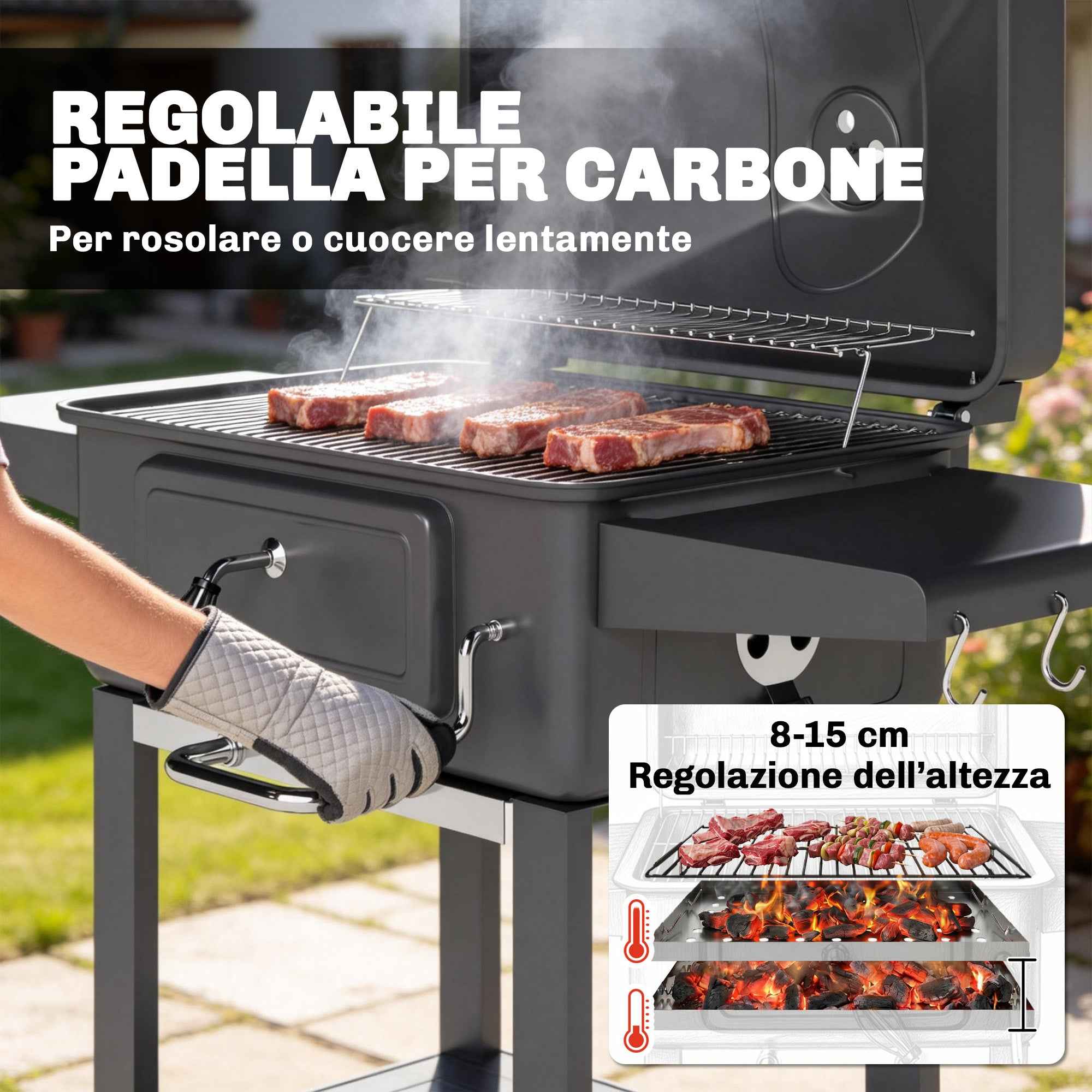 Outsunny Charcoal Barbecue, Portable Smoker with Ventilation, Thermometer and Side Shelves, Black