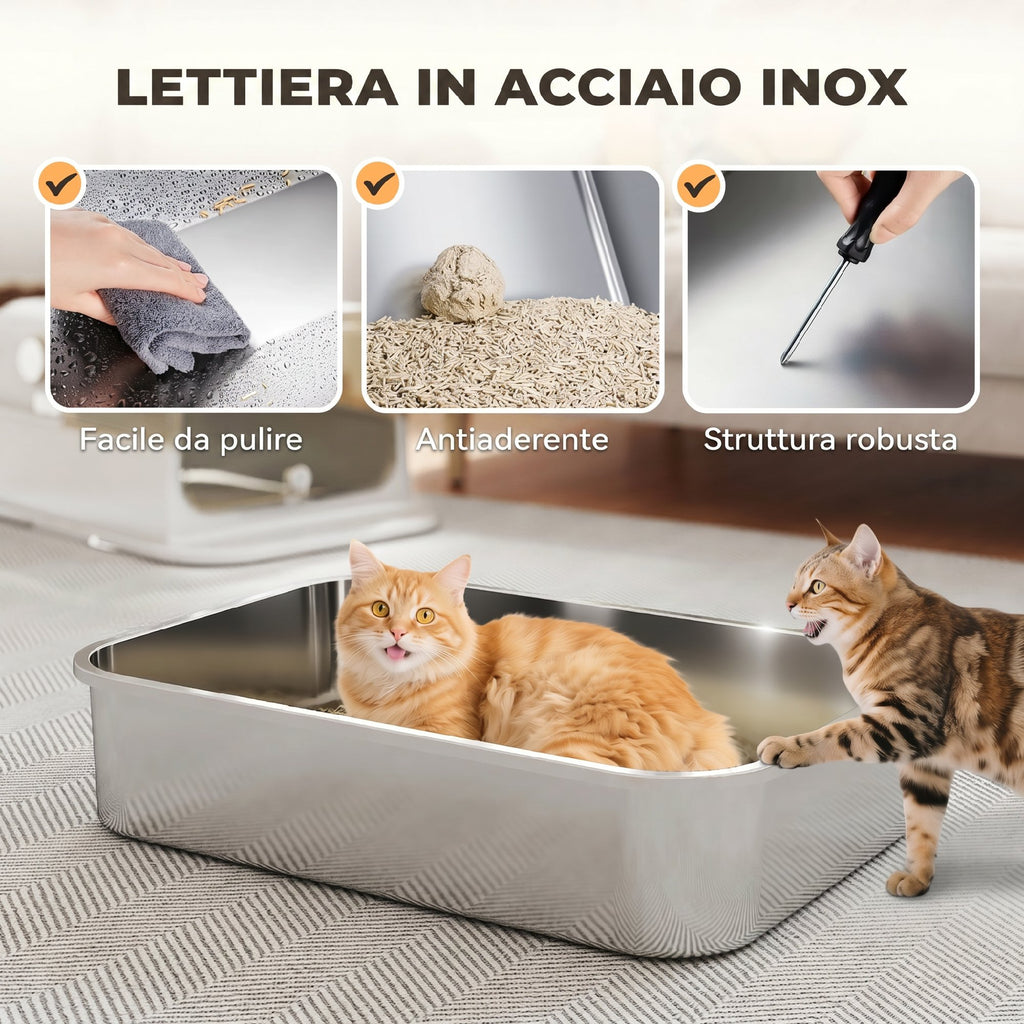 PawHut 52L Stainless Steel Enclosed Cat Litter Box with Flip Lid, Double Door, Scoop, White
