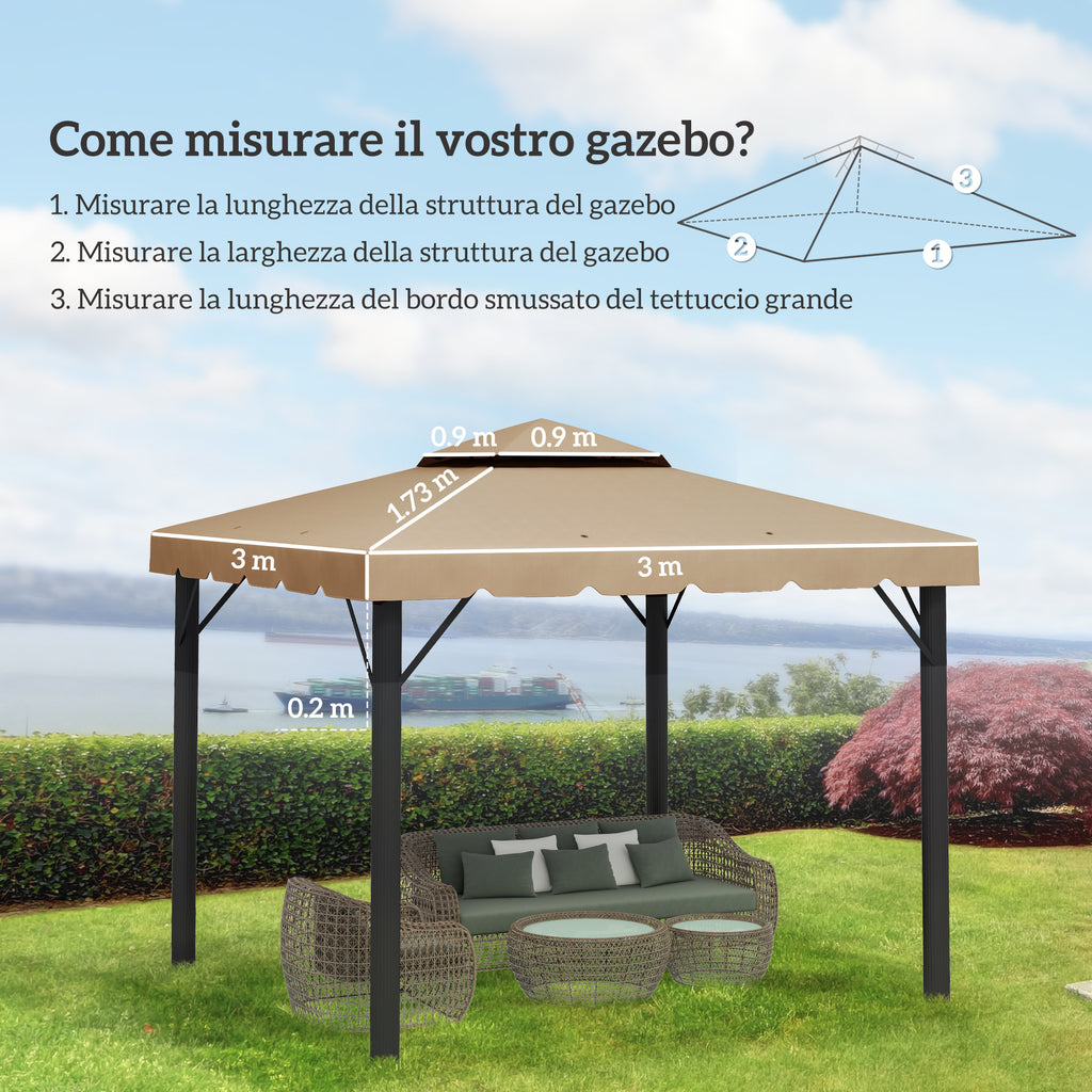 Outsunny 3x3m 2-Tier Gazebo Roof with 8 Drainage Holes in Khaki Polyester