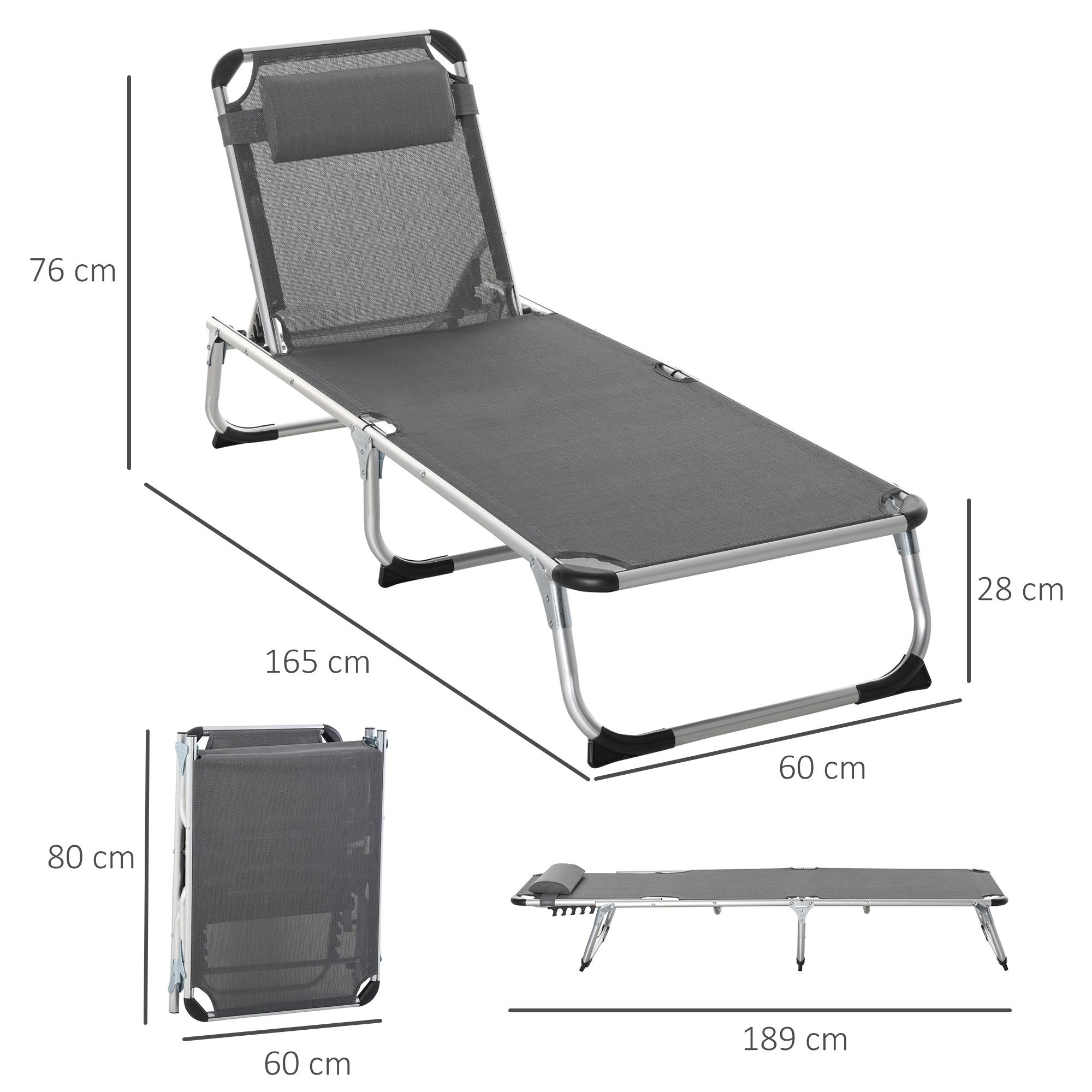 Outsunny Folding Deck Chair with Adjustable Headrest and Backrest in Aluminum 60x165x76cm Gray