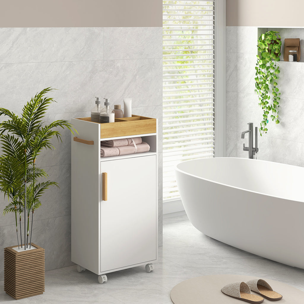 kleankin bathroom cabinet with removable tray, open shelf and closed locker, in chipboard, 40x30x88 cm, white - Borgè