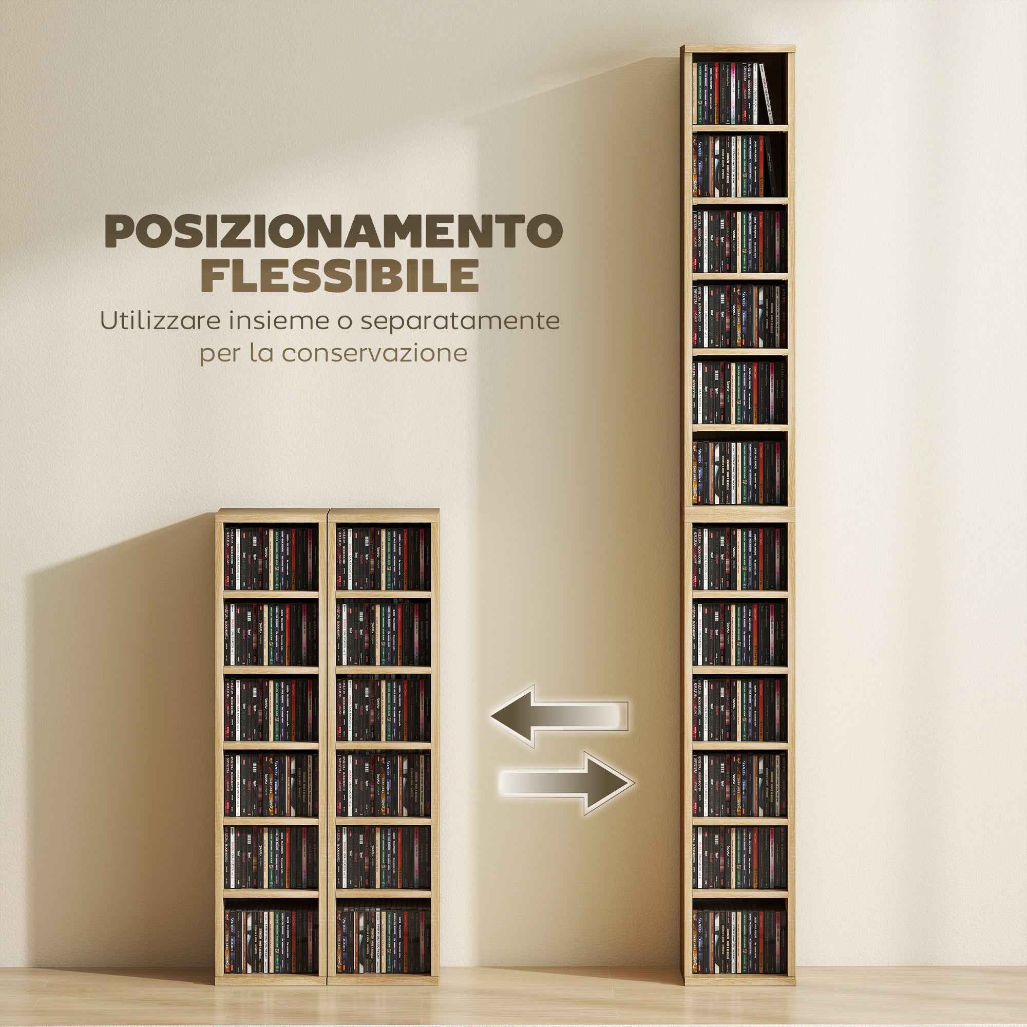 HOMCOM Set of 2 CD Racks with Adjustable Shelves for 204 CDs, Wooden, 21x22.5x88.5 cm, Oak