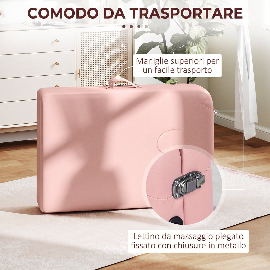 HOMCOM Folding Massage Table with Adjustable Height and Carry Bag, Wooden Frame, Pink