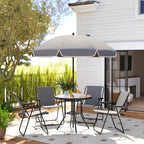 6 Piece Steel Garden Set with 4 Folding Chairs, Umbrella and Round Table, Grey and Black