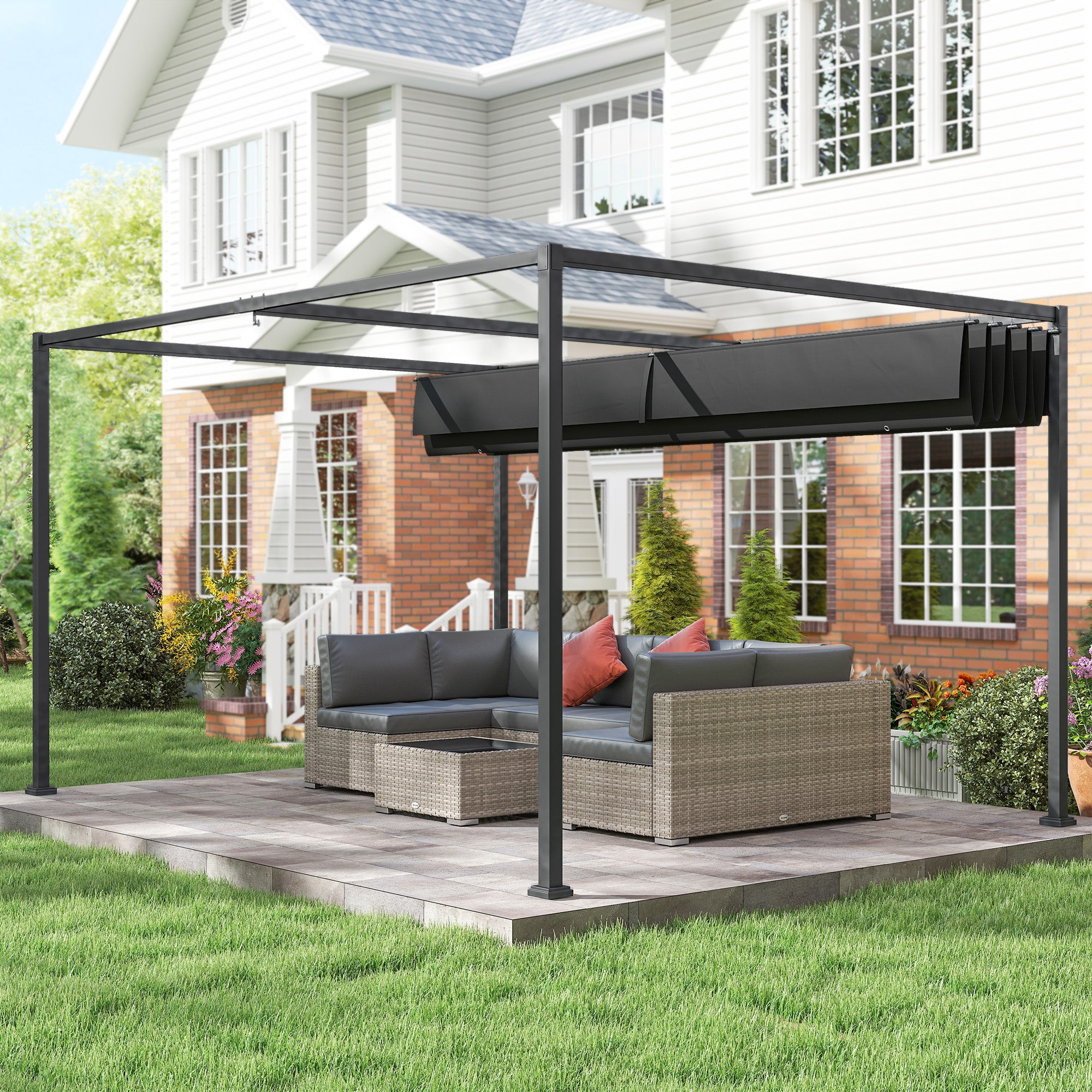 Outsunny Pergola Gazebo Outdoor 3x2.1 m with Retractable Metal and Polyester Canopy, Black