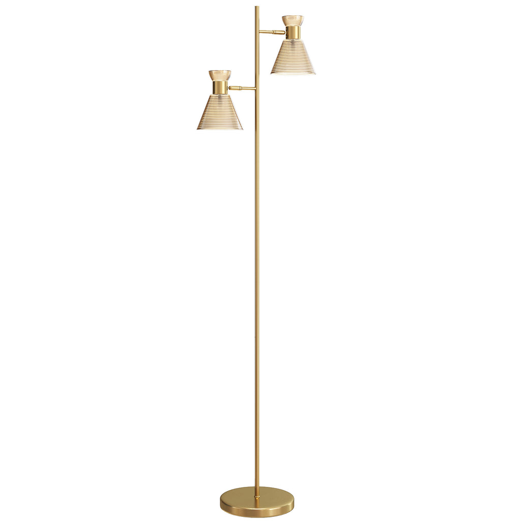 Modern Floor Lamp with 2 Lights and Adjustable Heads, Foot Switch, Gold