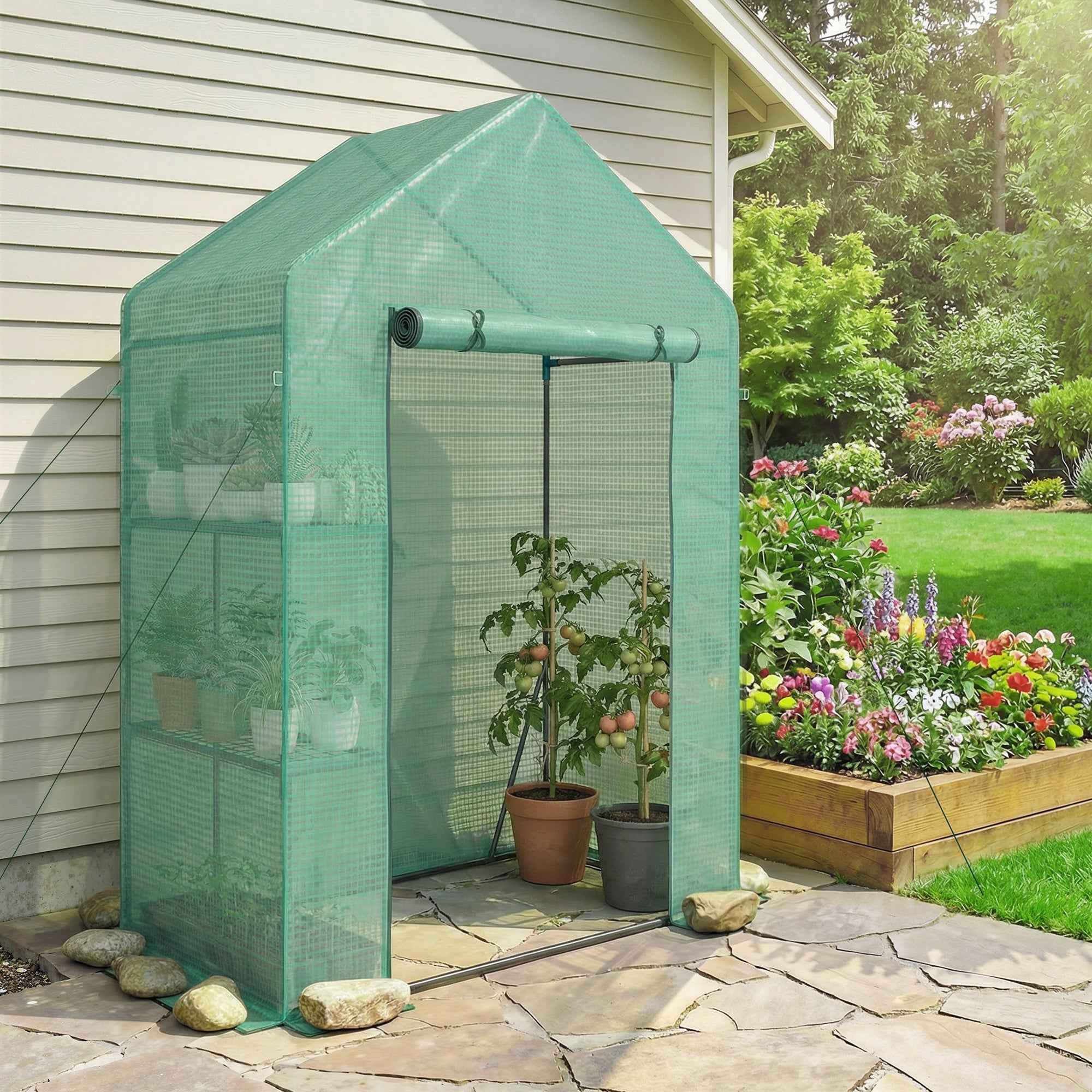 Outsunny Garden Greenhouse 143 x 73 x 195 cm with 2-Tier Shelf, Green