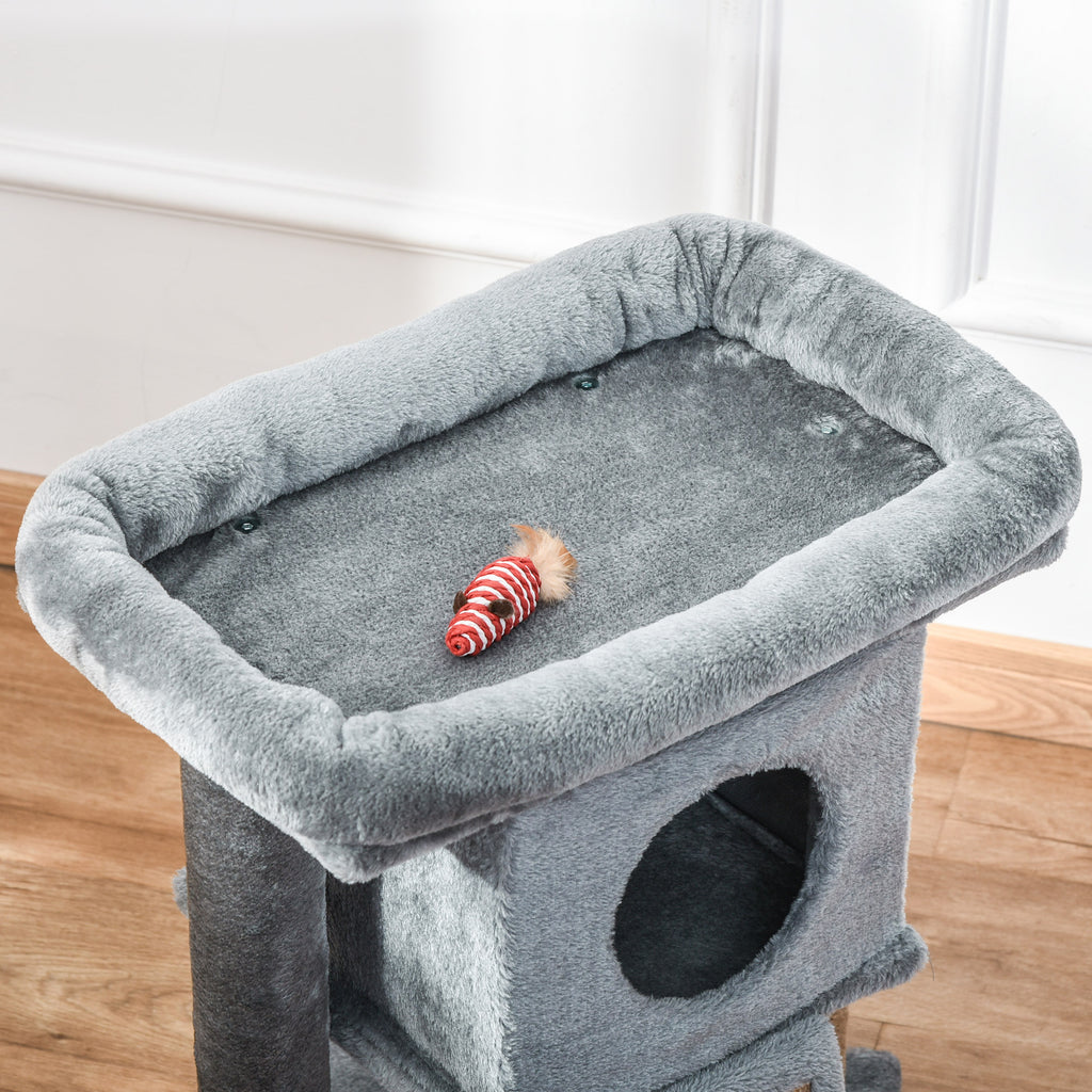 Cat Tree with Cat House and Plush Bed, Jute Scratching Post and Ball, Grey