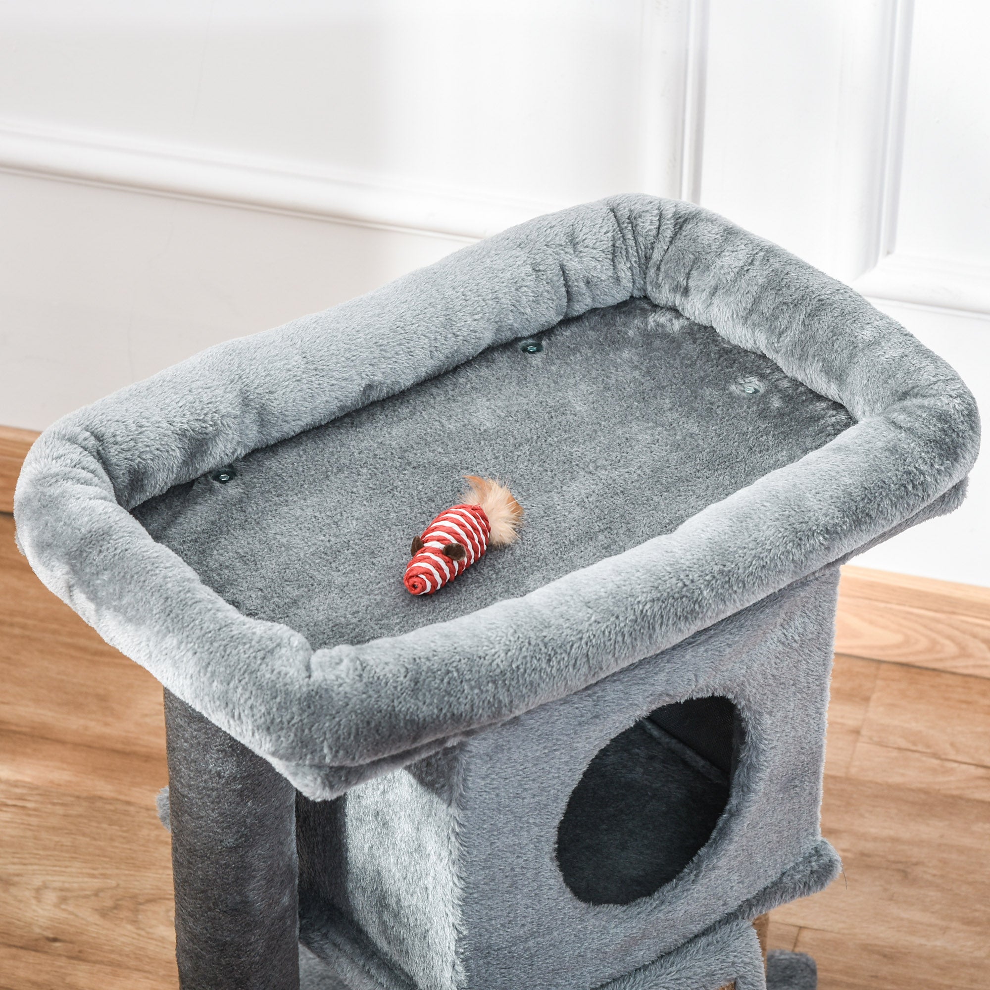 Cat Tree with Cat House and Plush Bed, Jute Scratching Post and Ball, Grey