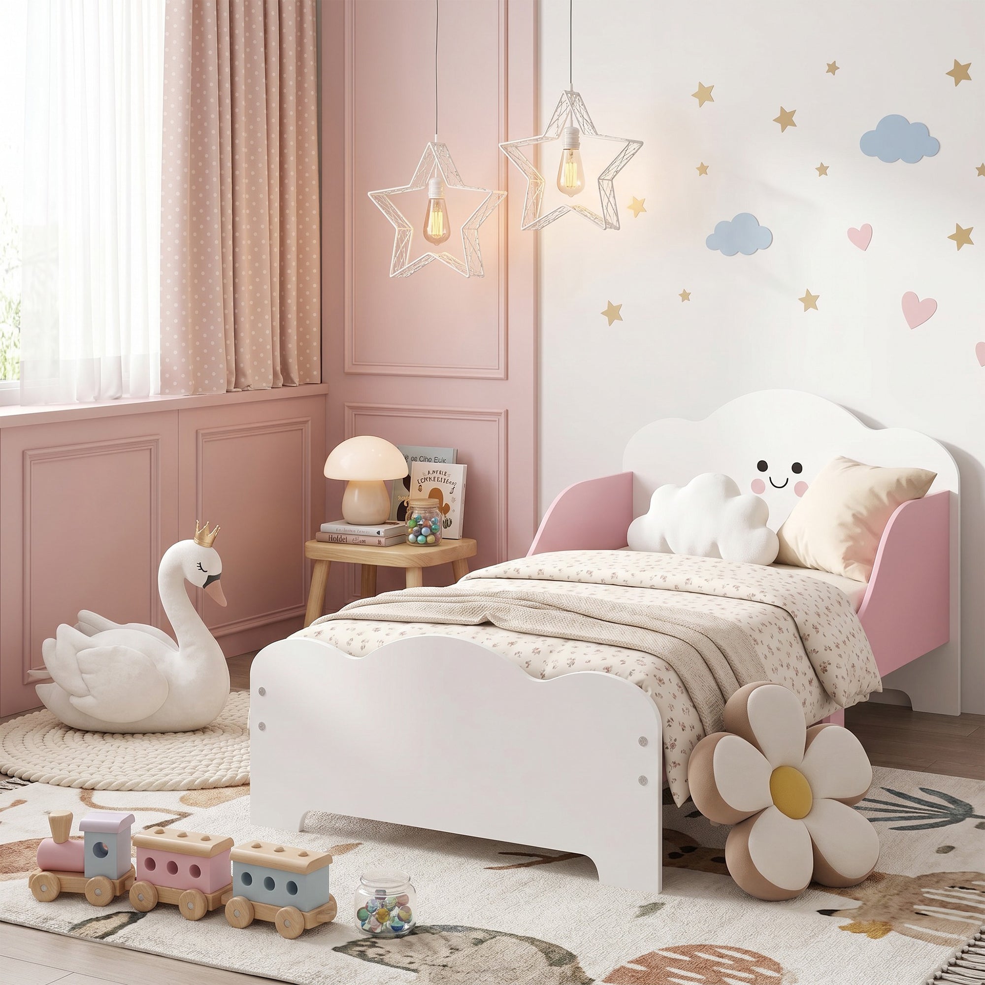 AIYAPLAY Montessori Bed for Children Ages 3-6, Wooden Bed with Raised Edges and Cute Prints, for Children's Bedroom, Pink