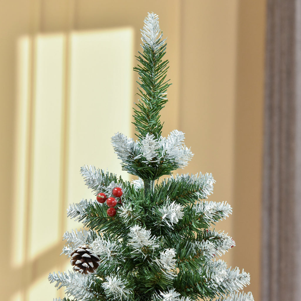 HOMCOM 150cm Artificial Snow-Covered Christmas Tree with Red Berries and White Pine Cones, Removable Folding Base, 408 Branches