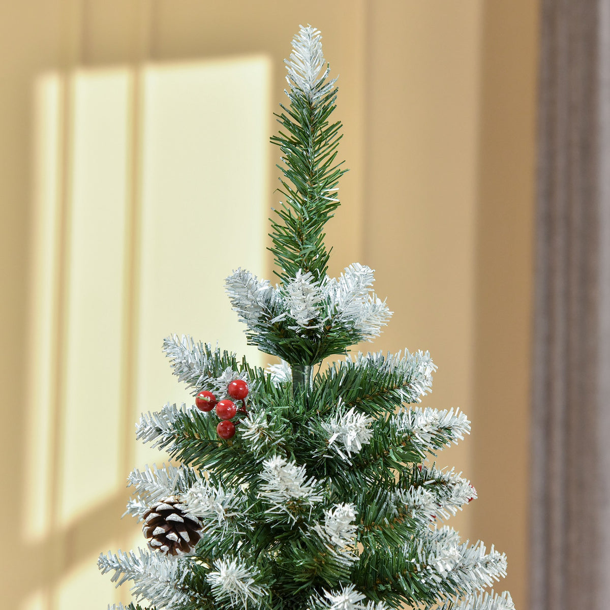 HOMCOM 150cm Artificial Snow-Covered Christmas Tree with Red Berries and White Pine Cones, Removable Folding Base, 408 Branches