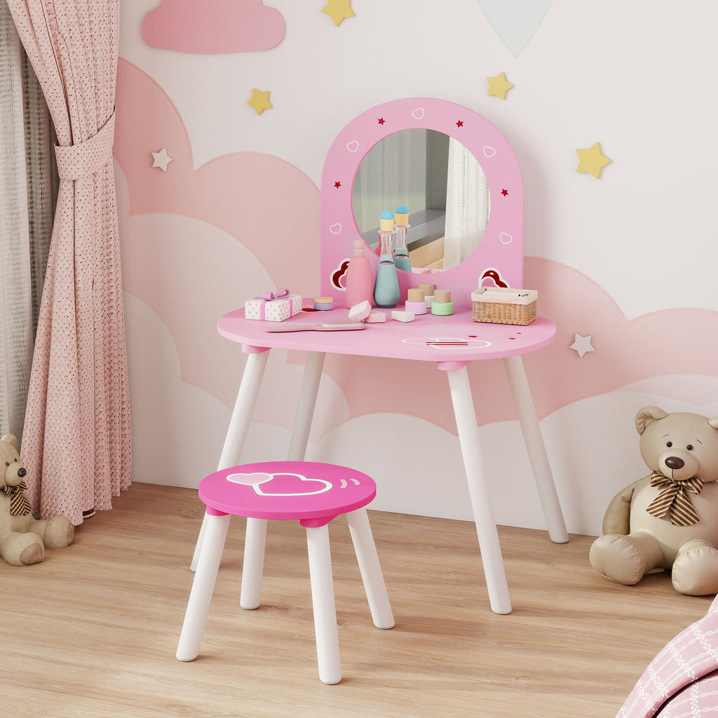 AIYAPLAY Girls' Makeup Vanity Set with Stool, Shatterproof Mirror, Heart Design, Pink
