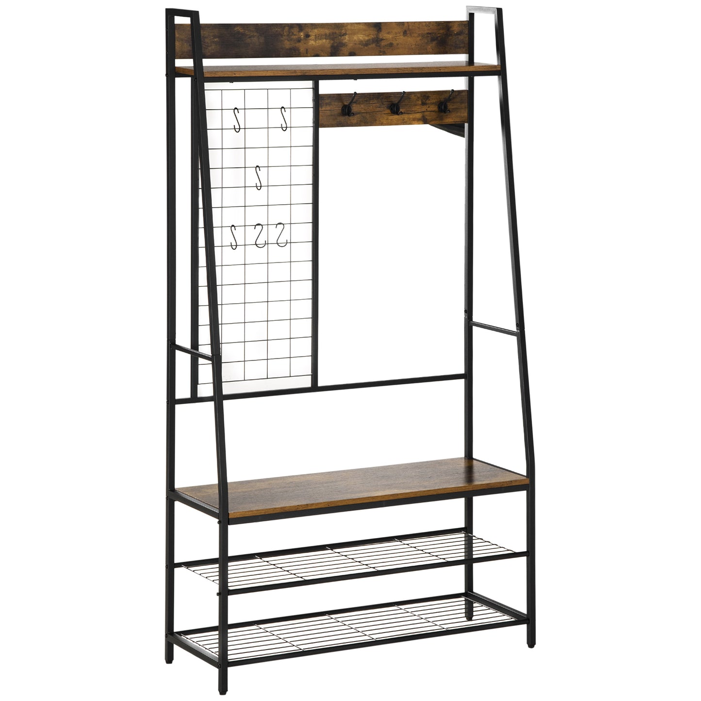 Industrial Floor Coat Rack with Shoe Rack and Wood Bench - 98x36x185cm, Brown