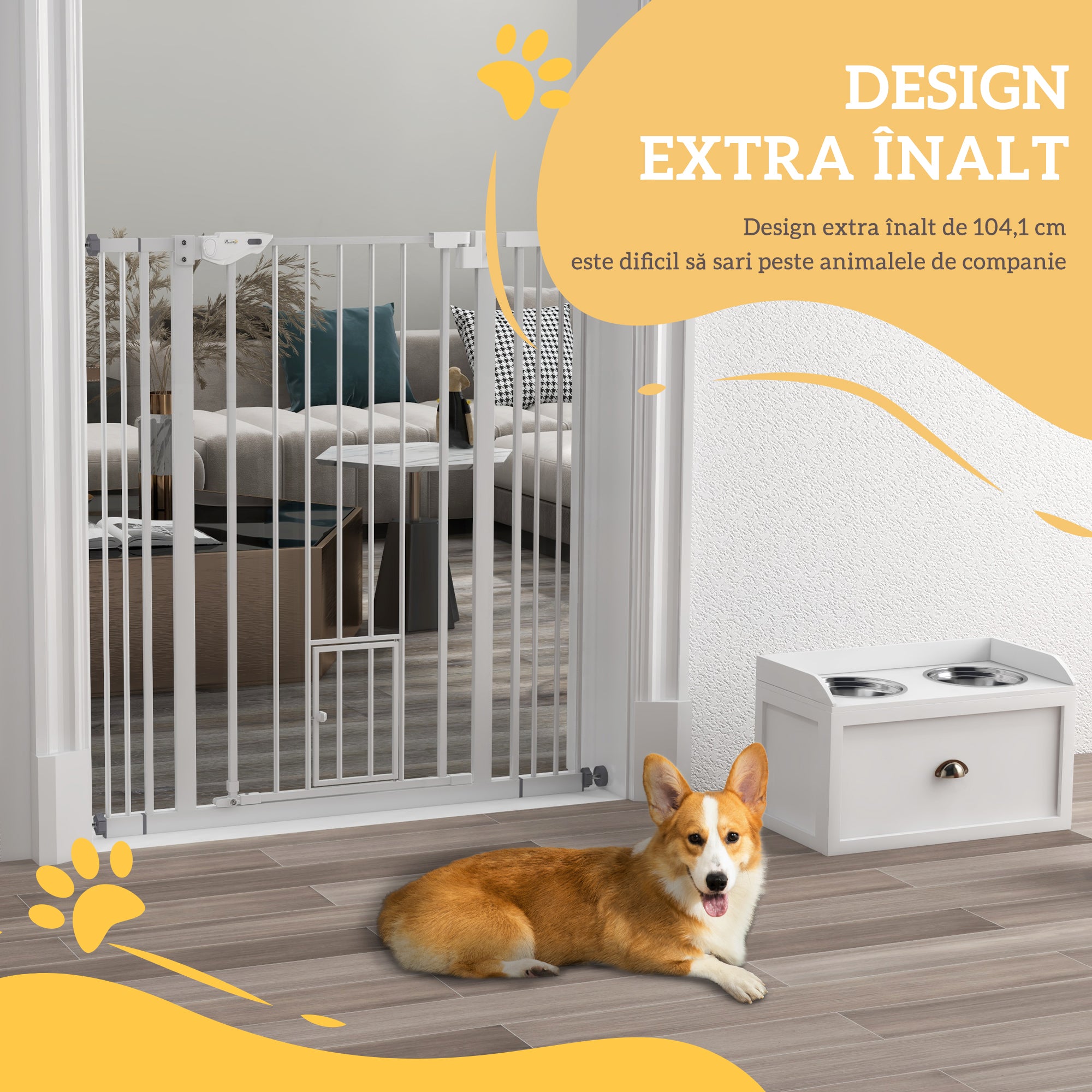 PawHut Adjustable Dog Gate with Small Door and Automatic Closure, 74-101x104cm, White