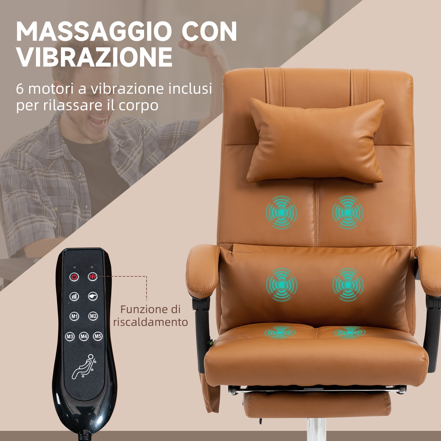 Height Adjustable Massage Chair with Footrest, Faux Leather, 66x67x115-123 cm, Light Brown