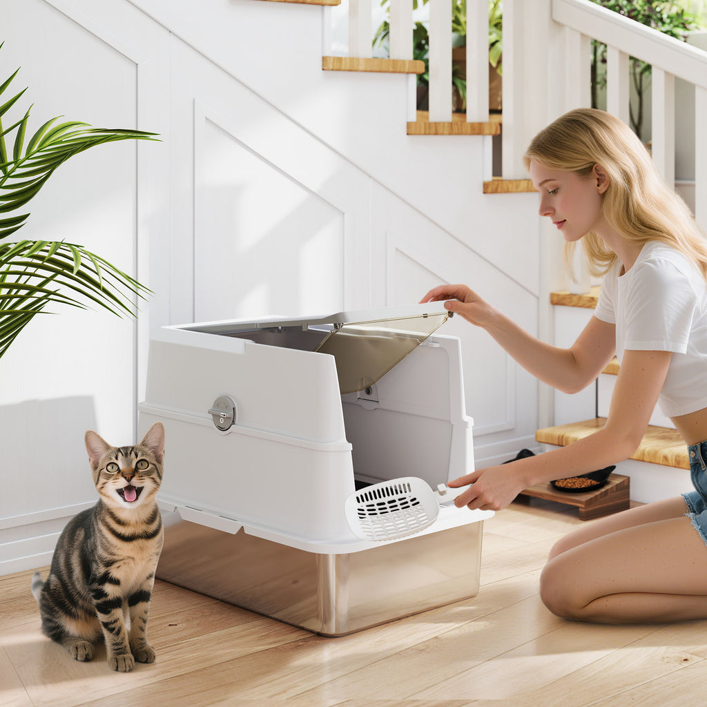 PawHut Stainless Steel Litter Box for Large Cats with Flip Lid, Scoop and Deodorizer, Light Grey