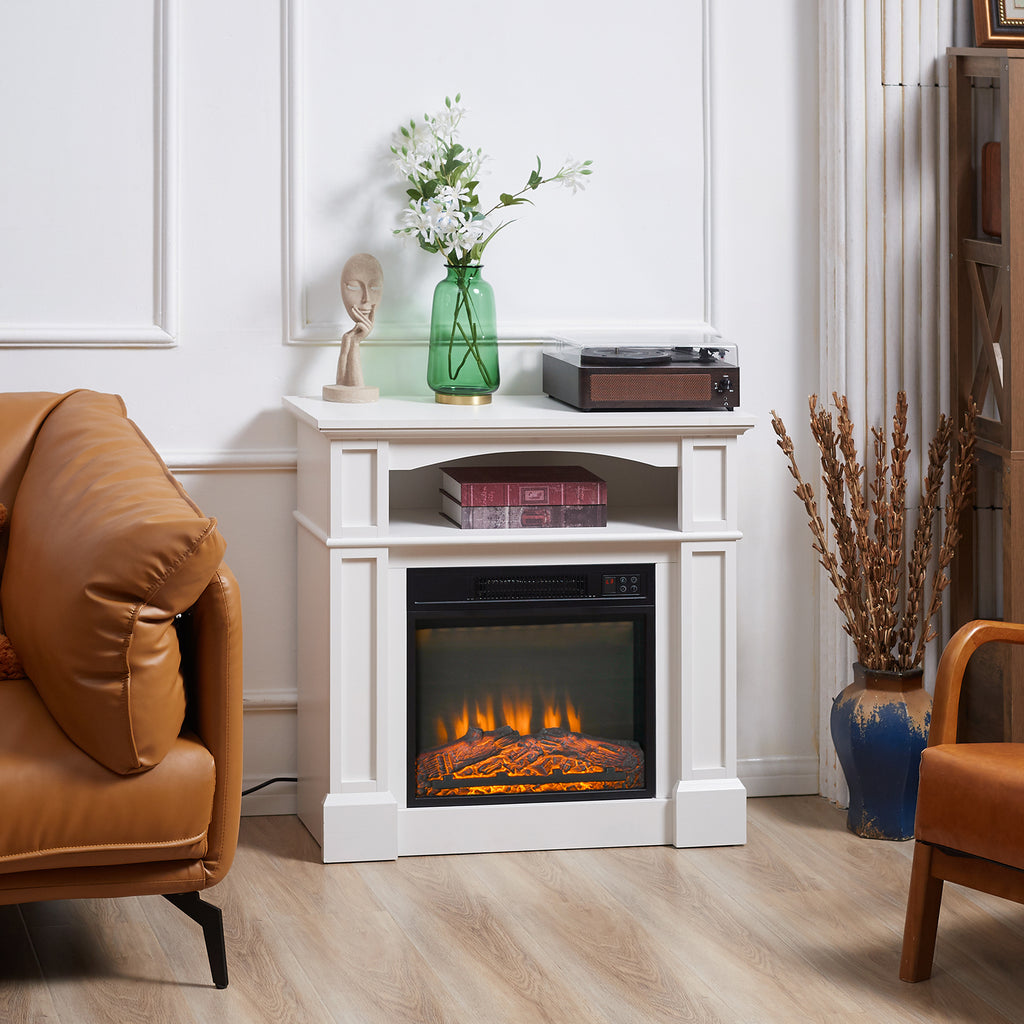 1800W Electric Fireplace with Adjustable LED Flame Effect, Remote Control, Timer and Integrated Shelf, White
