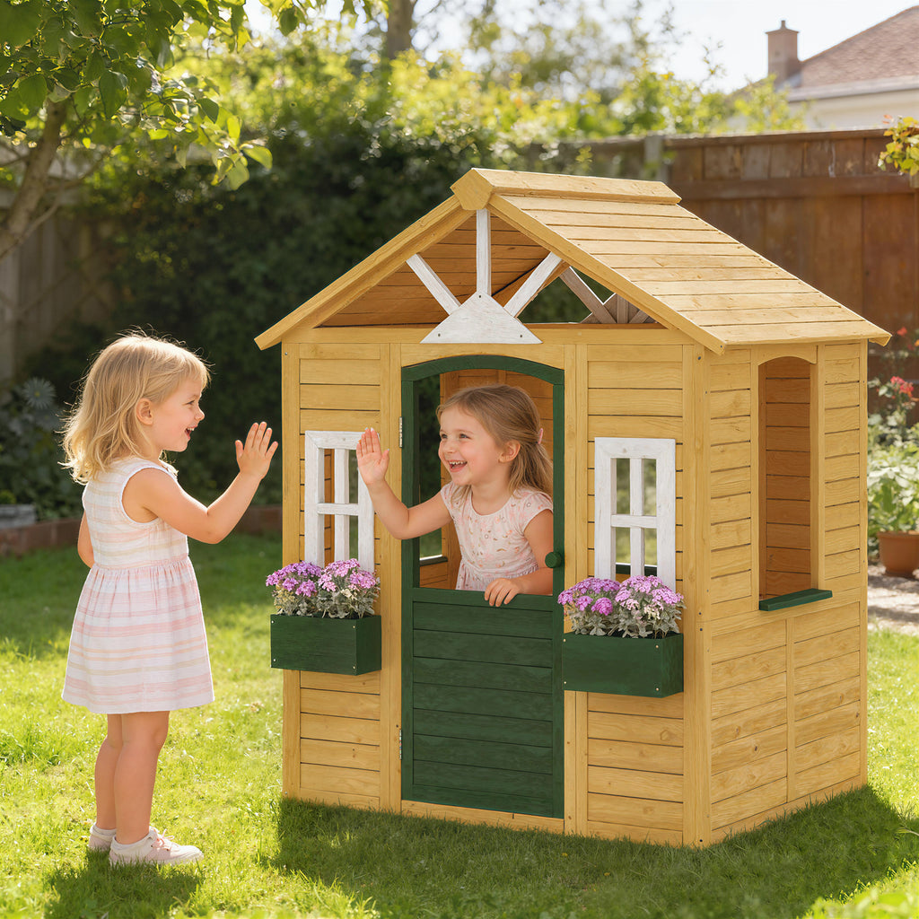 AIYAPLAY Children's Garden Playhouse Made of Fir Wood with Windows, 2 Planters, Door and Roof, Ages 3-8, Brown