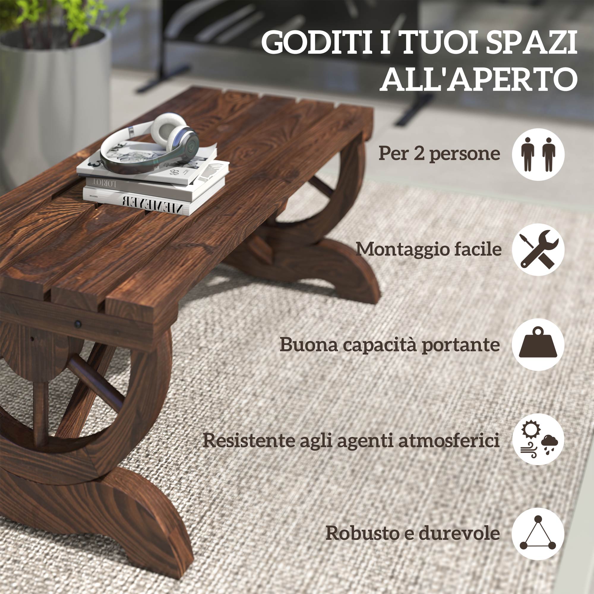 Outsunny 2-Seater Garden Bench with Wheel Design, Outdoor Slatted Fir Wood Bench, Patio and Backyard Terrace Bench, 98x50x39.5 cm, Brown