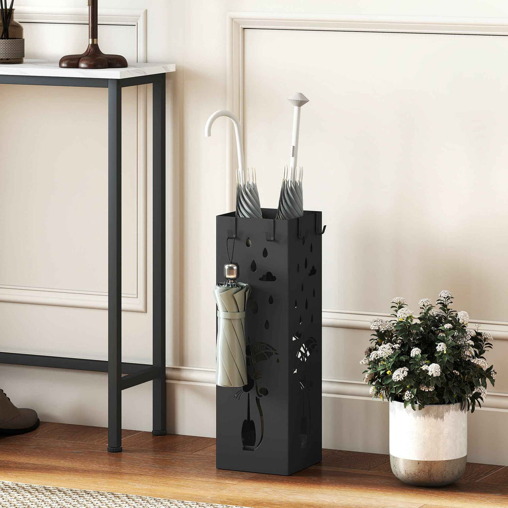 HOMCOM Modern Umbrella Stand with Drip Tray and Metal Hooks, 15.5x15.5x49 cm, Black