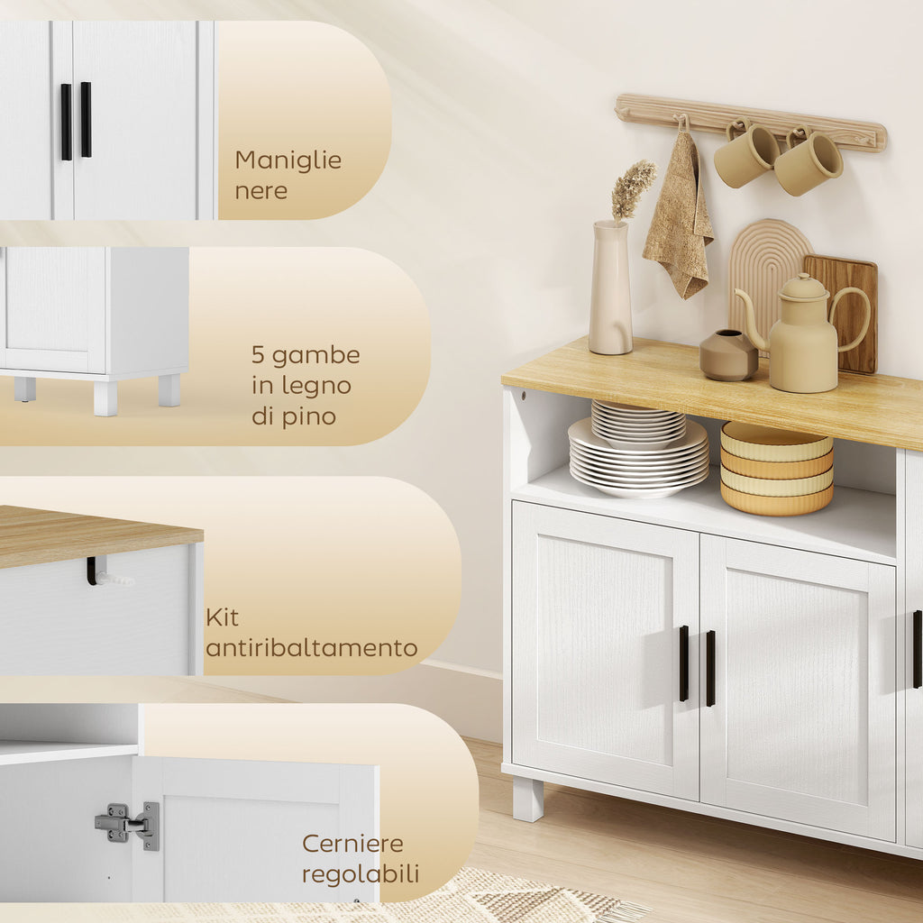 Kitchen Sideboard with Soft-Close Doors, 2 Cupboards and Open Wooden Compartment, 110x33x75 cm, White