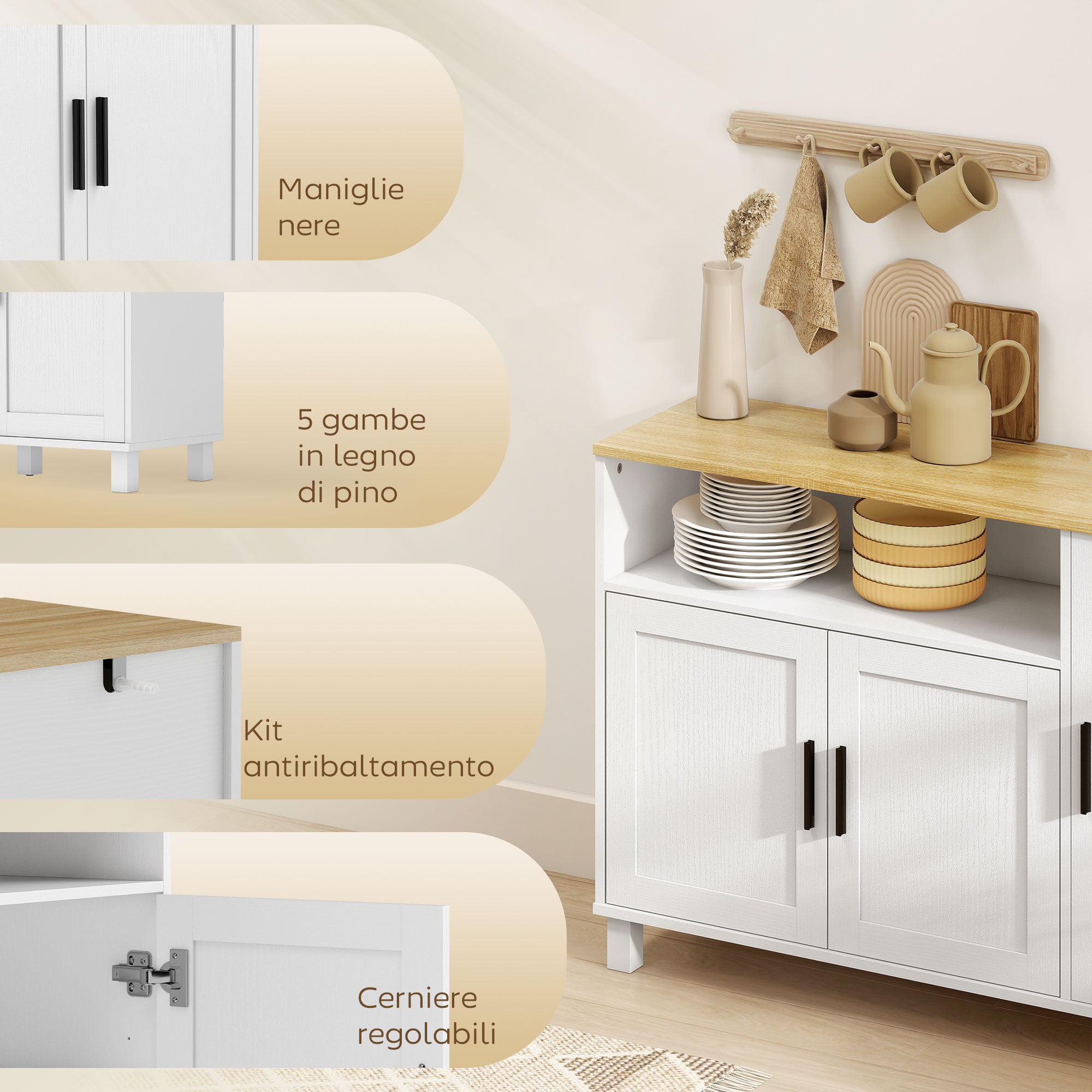 Kitchen Sideboard with Soft-Close Doors, 2 Cupboards and Open Wooden Compartment, 110x33x75 cm, White