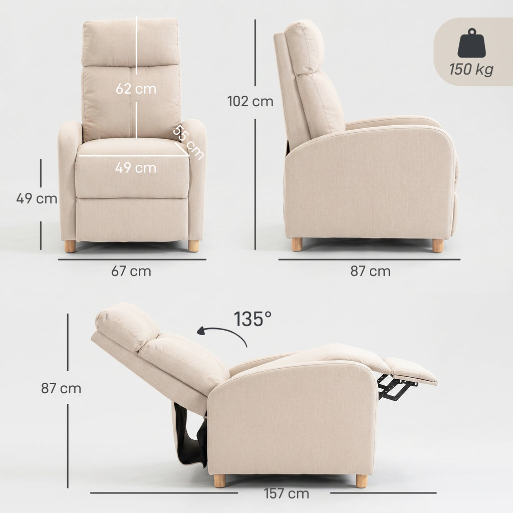 HOMCOM 135° Manually Reclining Relaxing Chair with Fabric Footrest, Beige