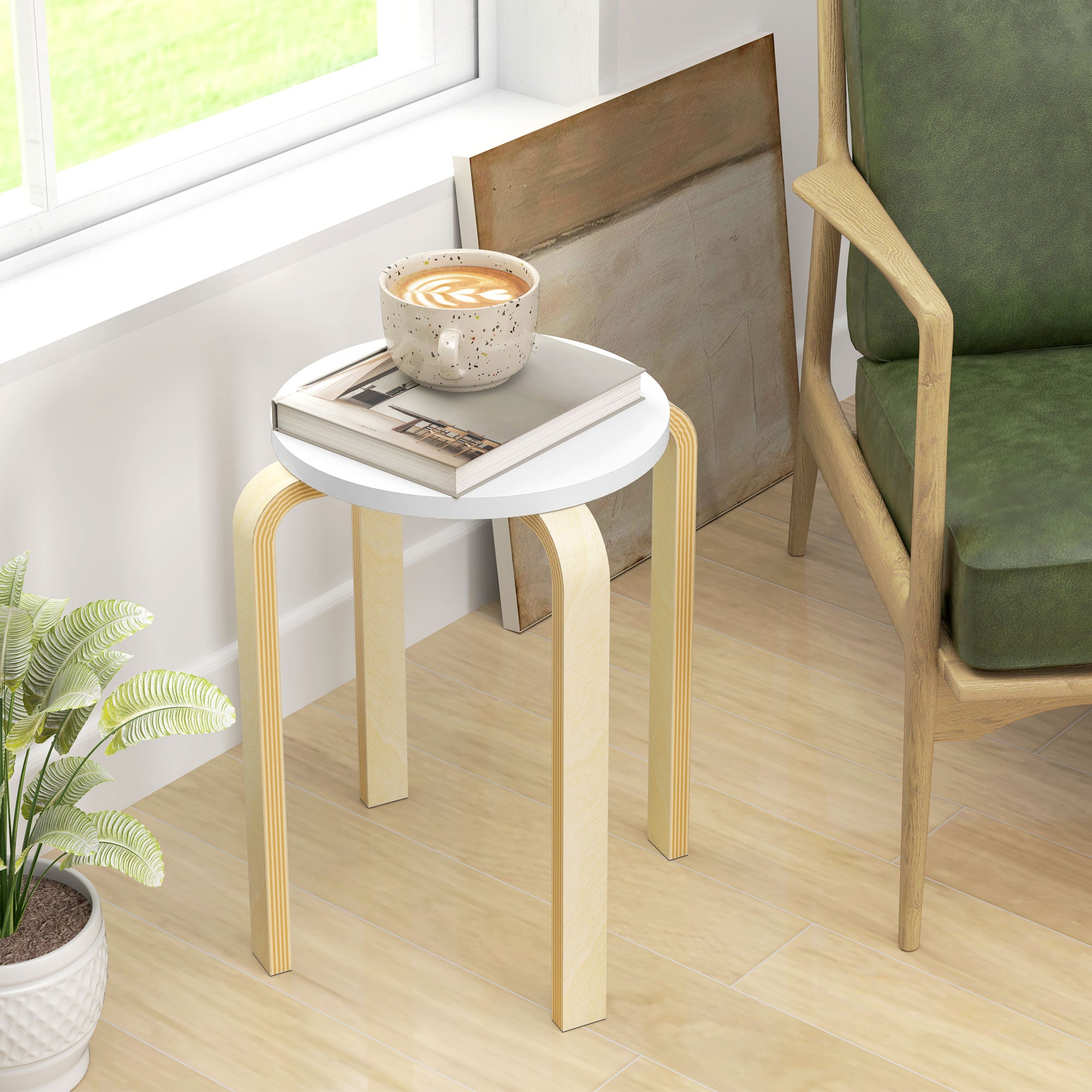 Set of 4 Stackable Round Wooden Stools, White, Ø40x45 cm