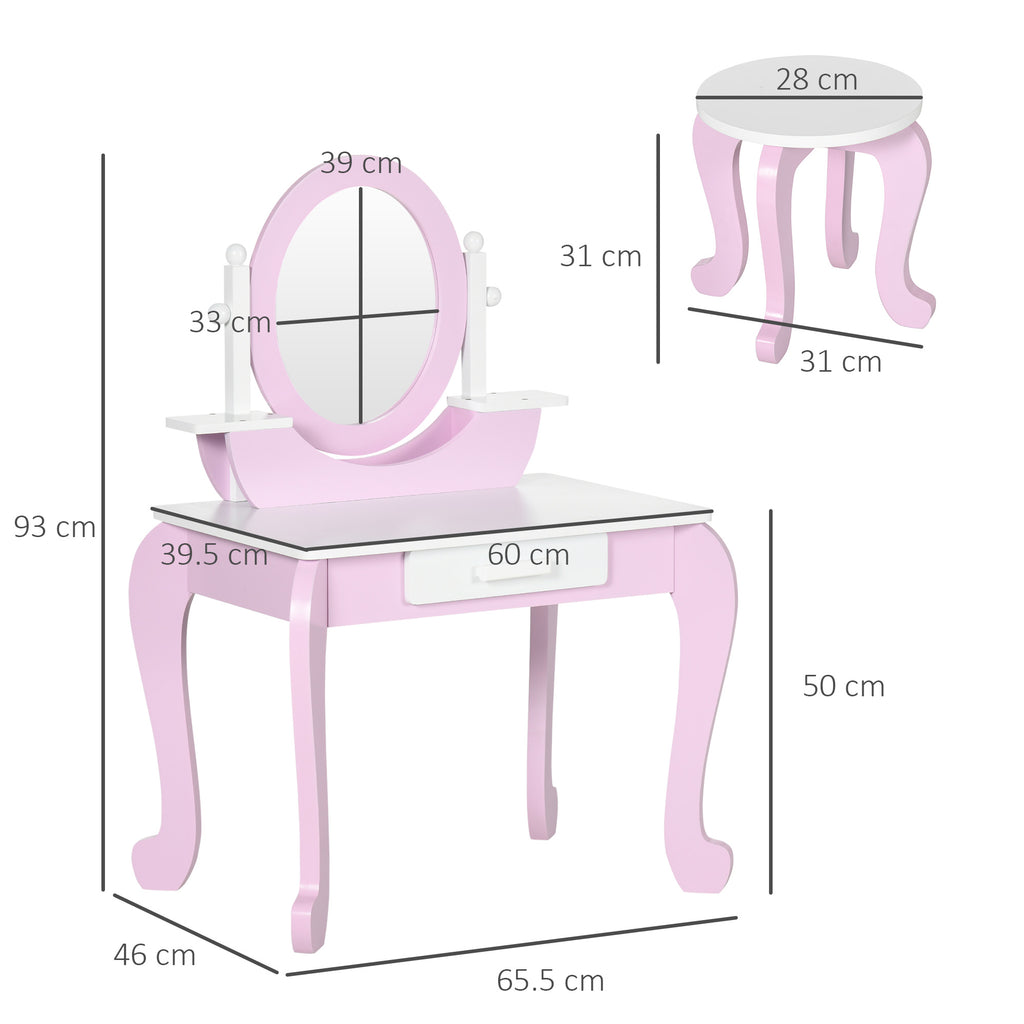 Kids Makeup Dressing Table Set with Mirror Table and Stool, Ages 3-6 Years, Pink