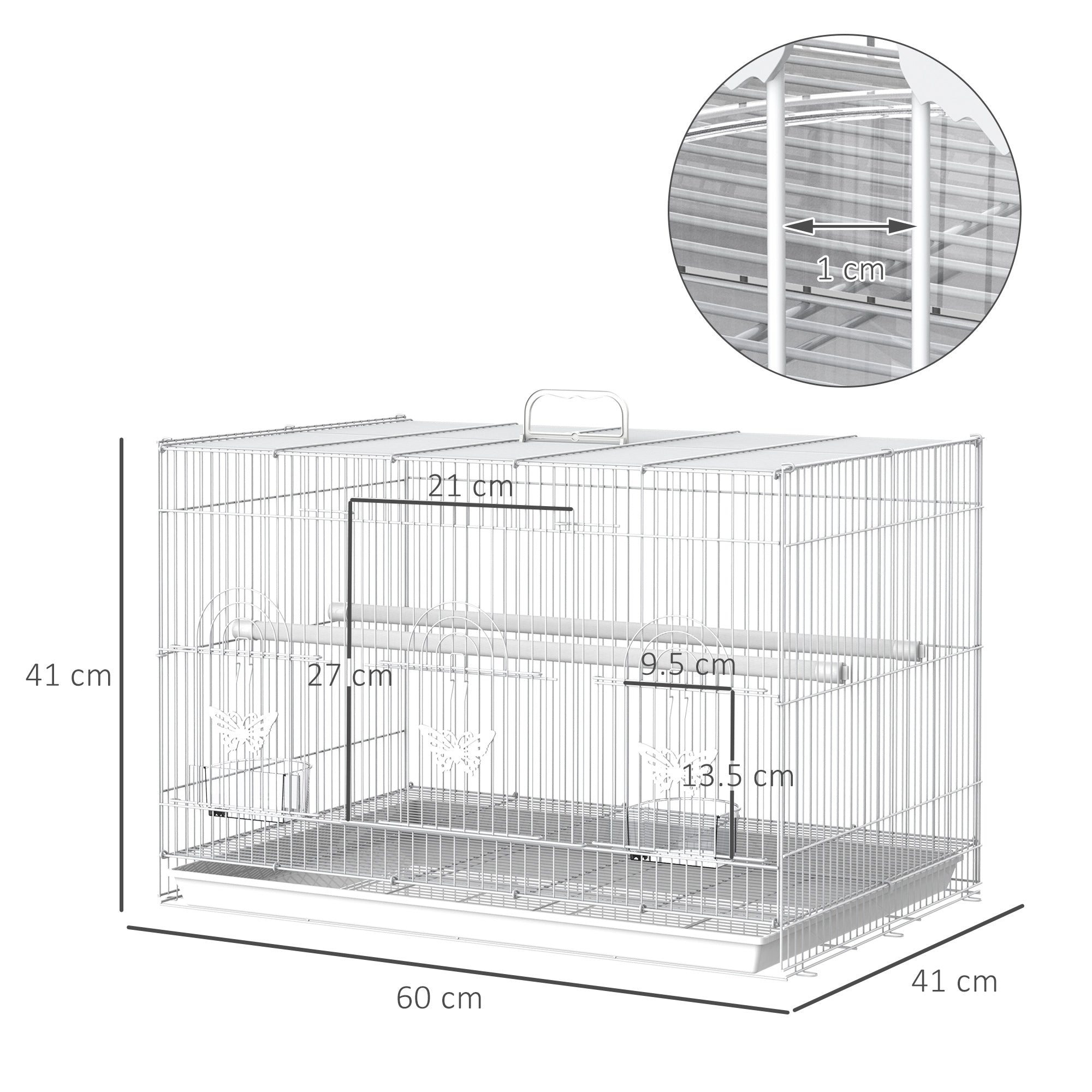 Metal Bird Cage with Perches, Food Bowls and Handle, 60x41x41cm