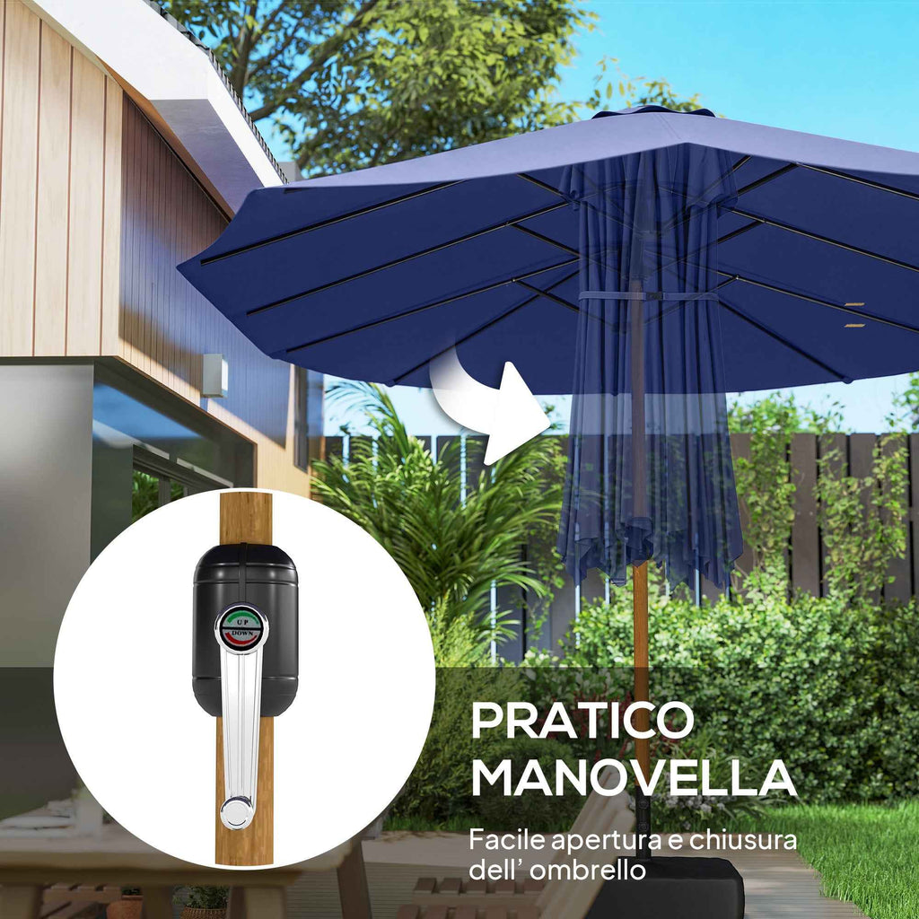 Outsunny 12-Ribbed Double Umbrella with Crank Handle, Cross Base and Sandbags, 4.7 x 2.8 m, Dark Blue