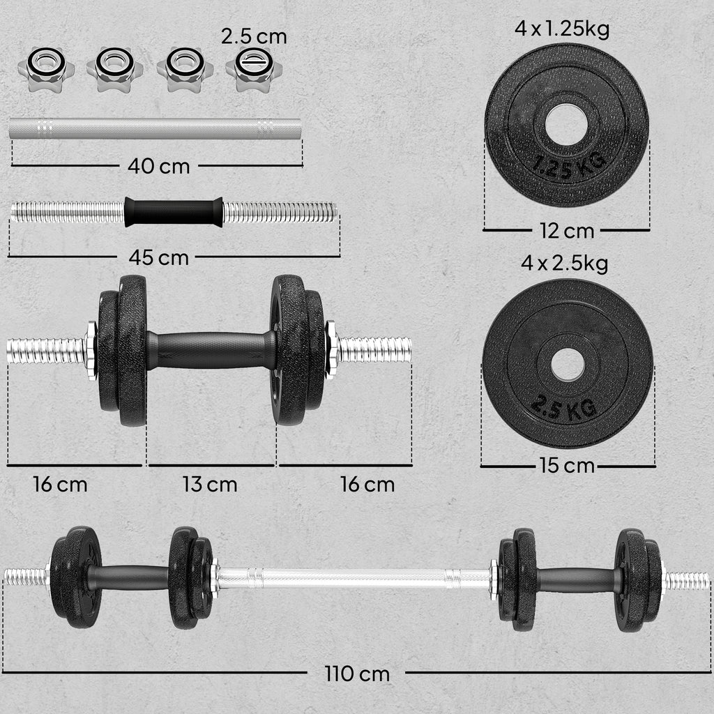 SPORTNOW 20kg Weight and Barbell Set with Non-Slip Grips, 8 Weight Discs, Barbell Bar and 2 Steel Dumbbell Bars