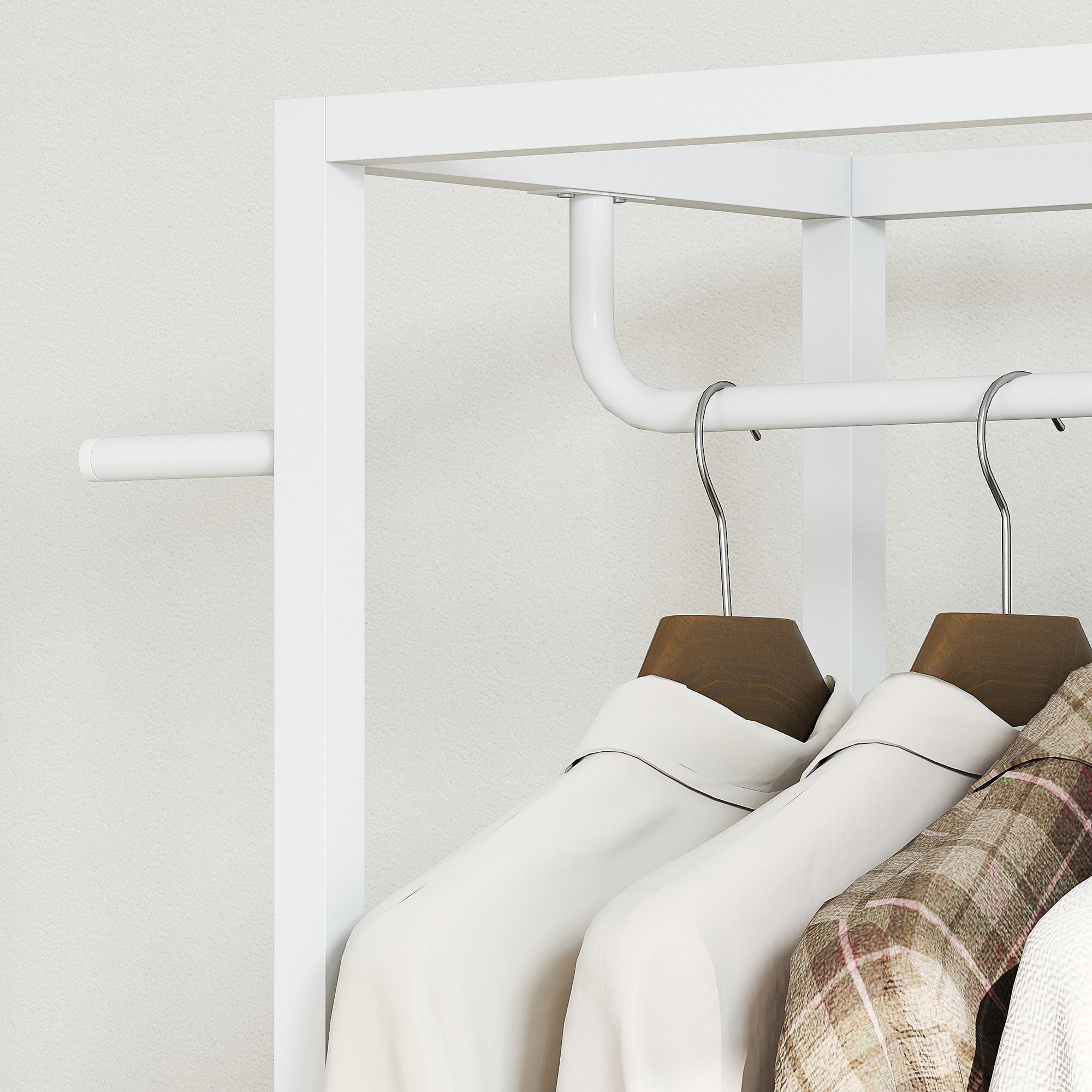 2-Tier Coat Rack with Shoe Rack, Clothes Rail, 4 Hooks, Top Shelf, 52x30x180 cm, White