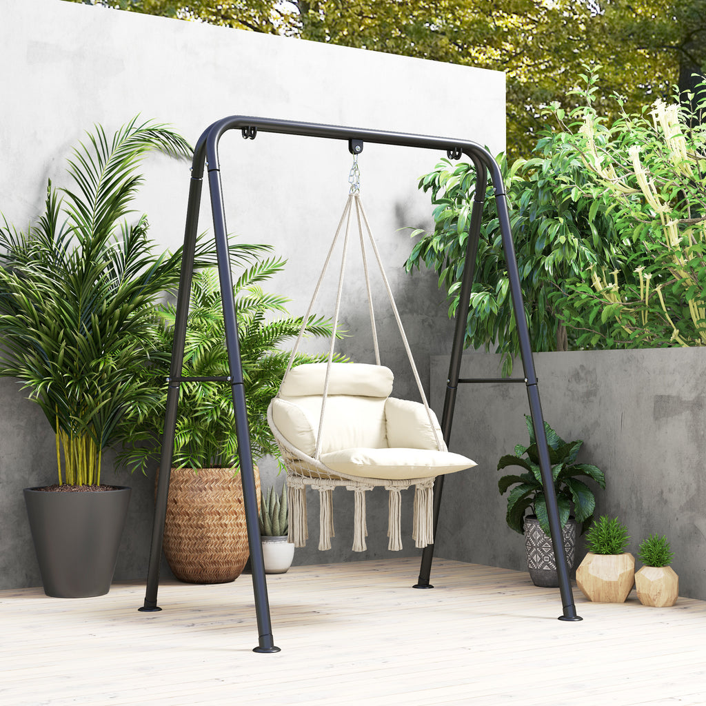 Boho Style Hanging Armchair with Cushion, in Steel, Cotton and Polyester, 80x60x40 cm, Cream White