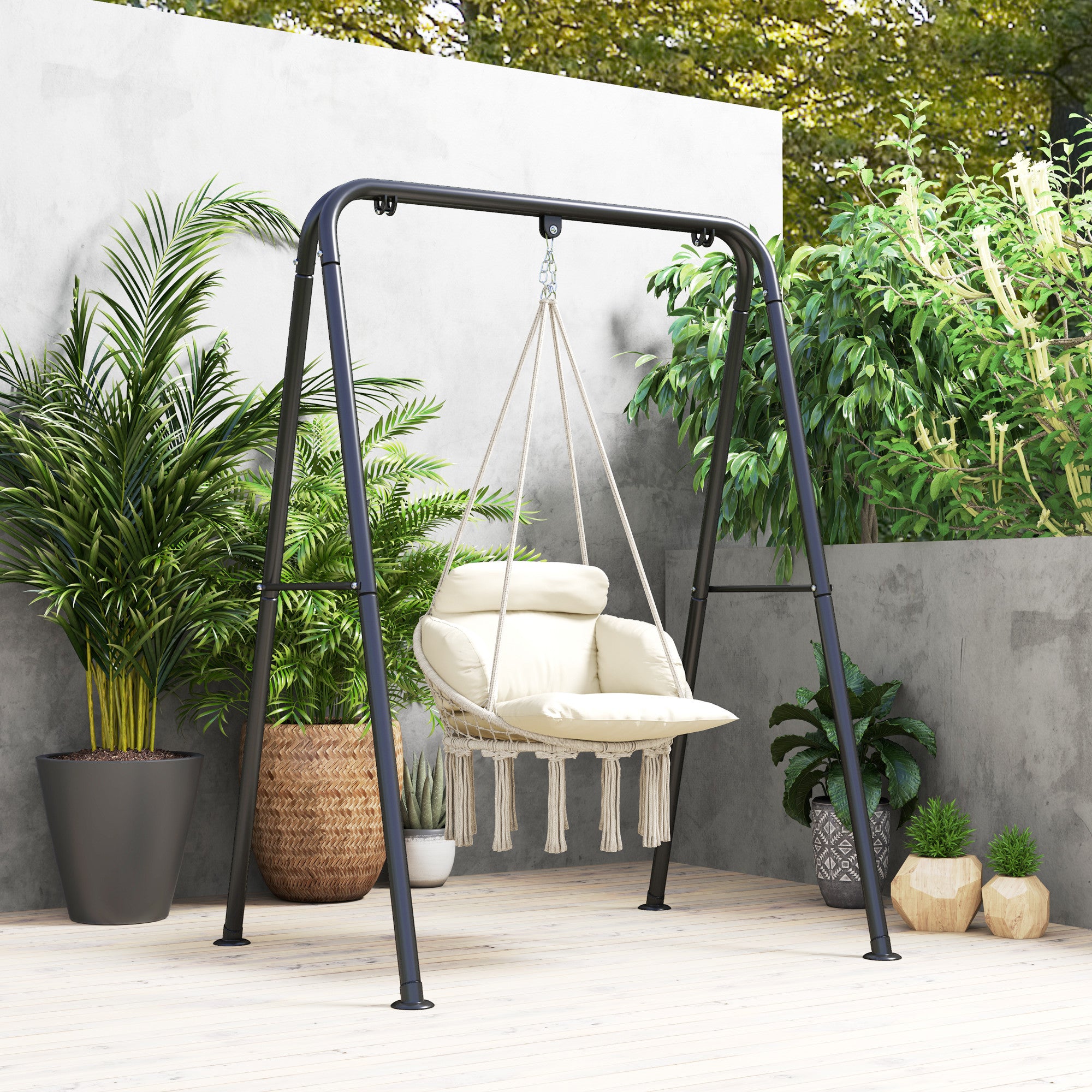 Boho Style Hanging Armchair with Cushion, in Steel, Cotton and Polyester, 80x60x40 cm, Cream White