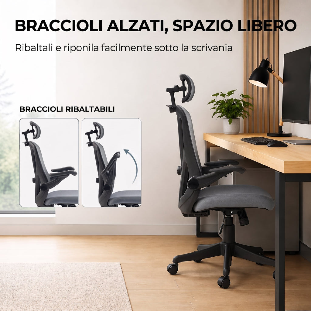 HOMCOM Ergonomic Office Chair with Flip-Up Armrests, Headrest, and Coat Rack, Dark Grey