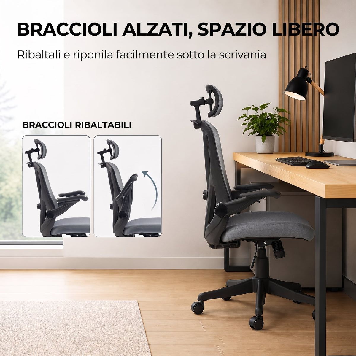 HOMCOM Ergonomic Office Chair with Flip-Up Armrests, Headrest, and Coat Rack, Dark Grey
