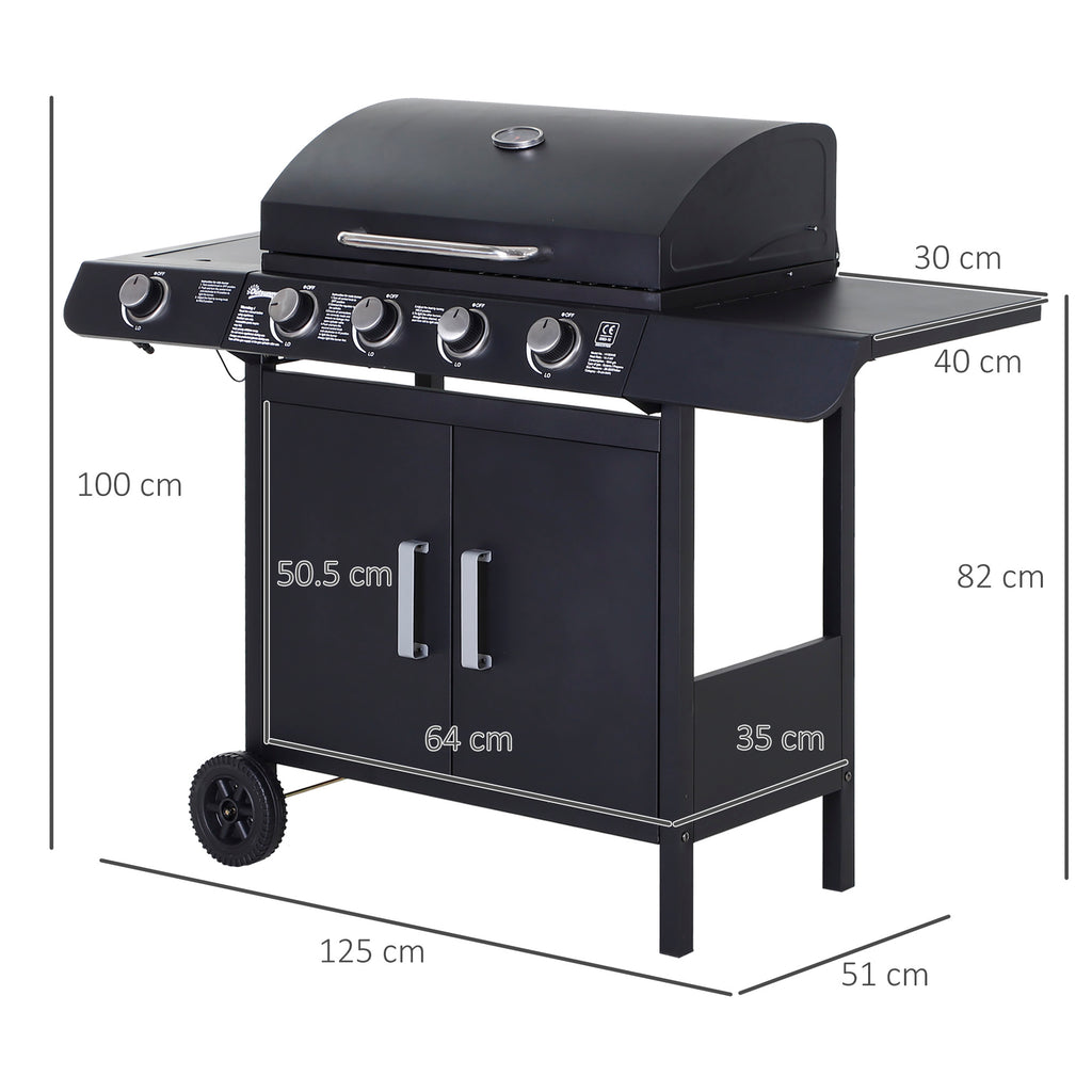 5 -stove gas barbecue outsunny with side shelves and locker, in steel and pp, 125x51x100 cm, black - Borgè