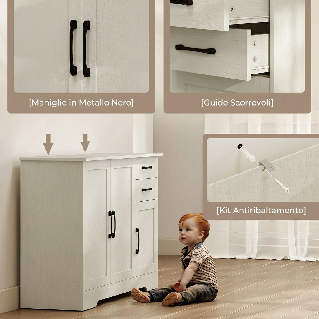 HOMCOM Kitchen Cabinet with 2 Drawers and 3 Cabinets, Adjustable Shelves, 120x38x79 cm, Cream
