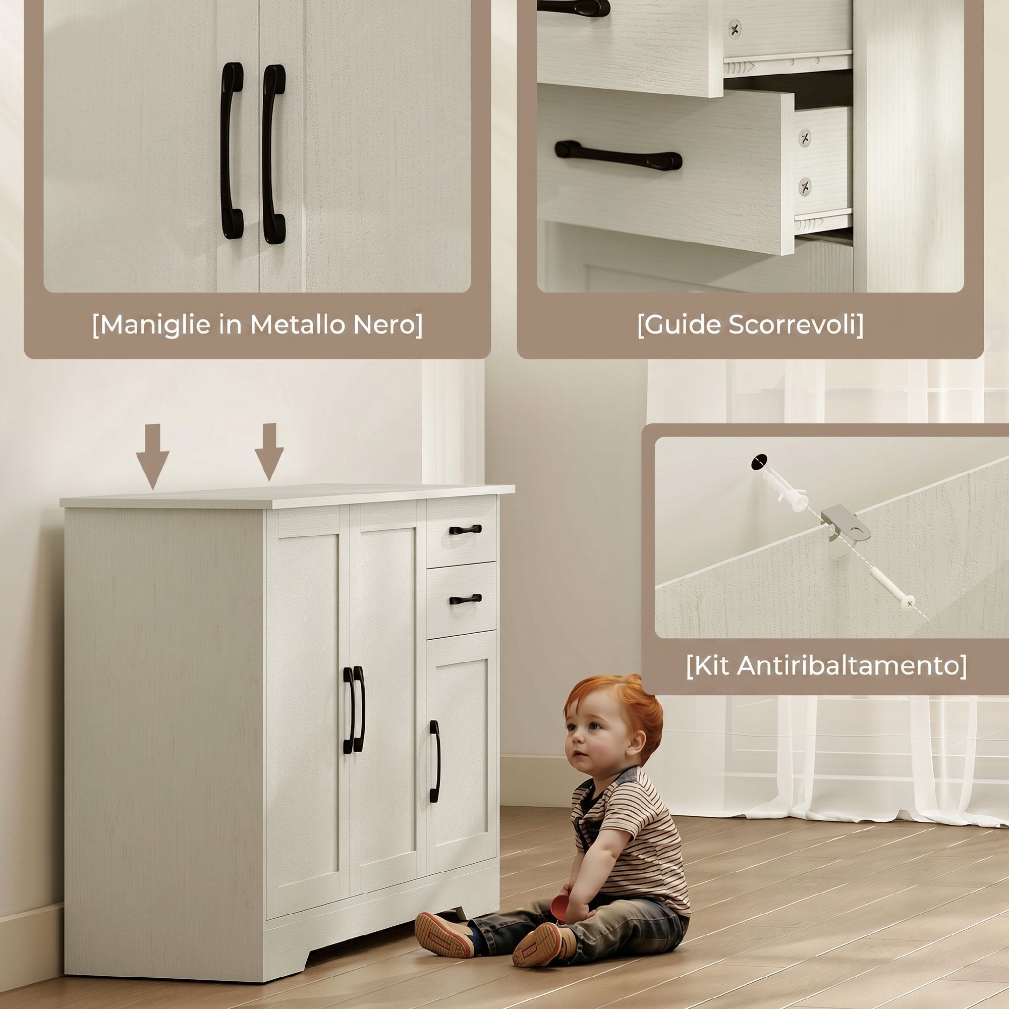 HOMCOM Kitchen Cabinet with 2 Drawers and 3 Cabinets, Adjustable Shelves, 120x38x79 cm, Cream