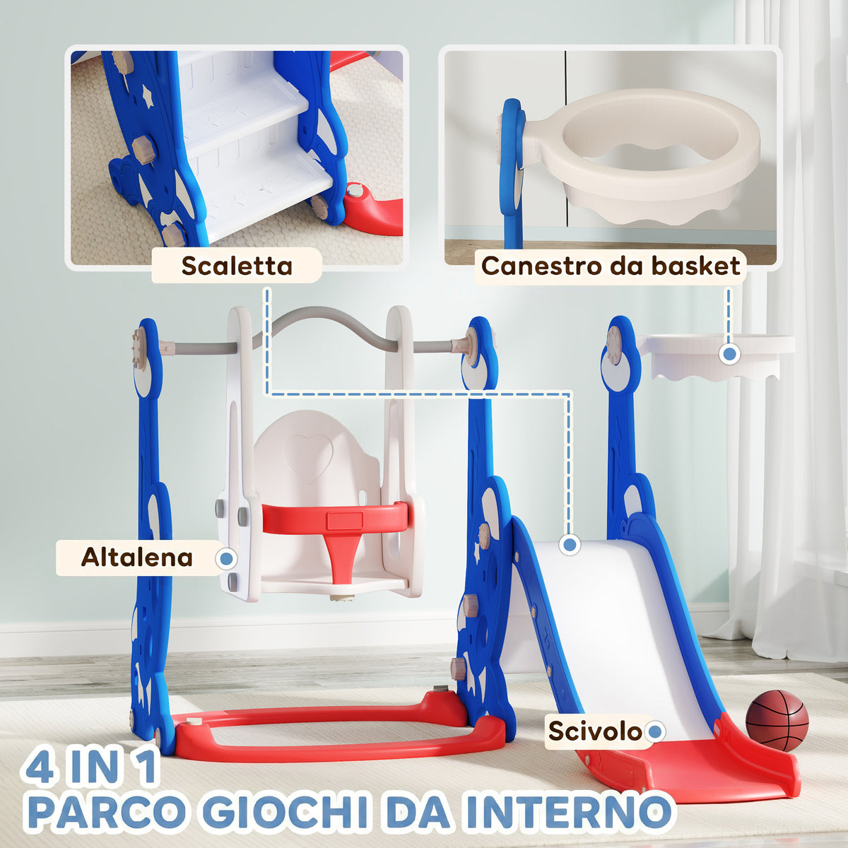 AIYAPLAY 4-in-1 Baby Slide with Swing, Climbing Ladder and Basketball Hoop, 18-48 Months, Dark Blue