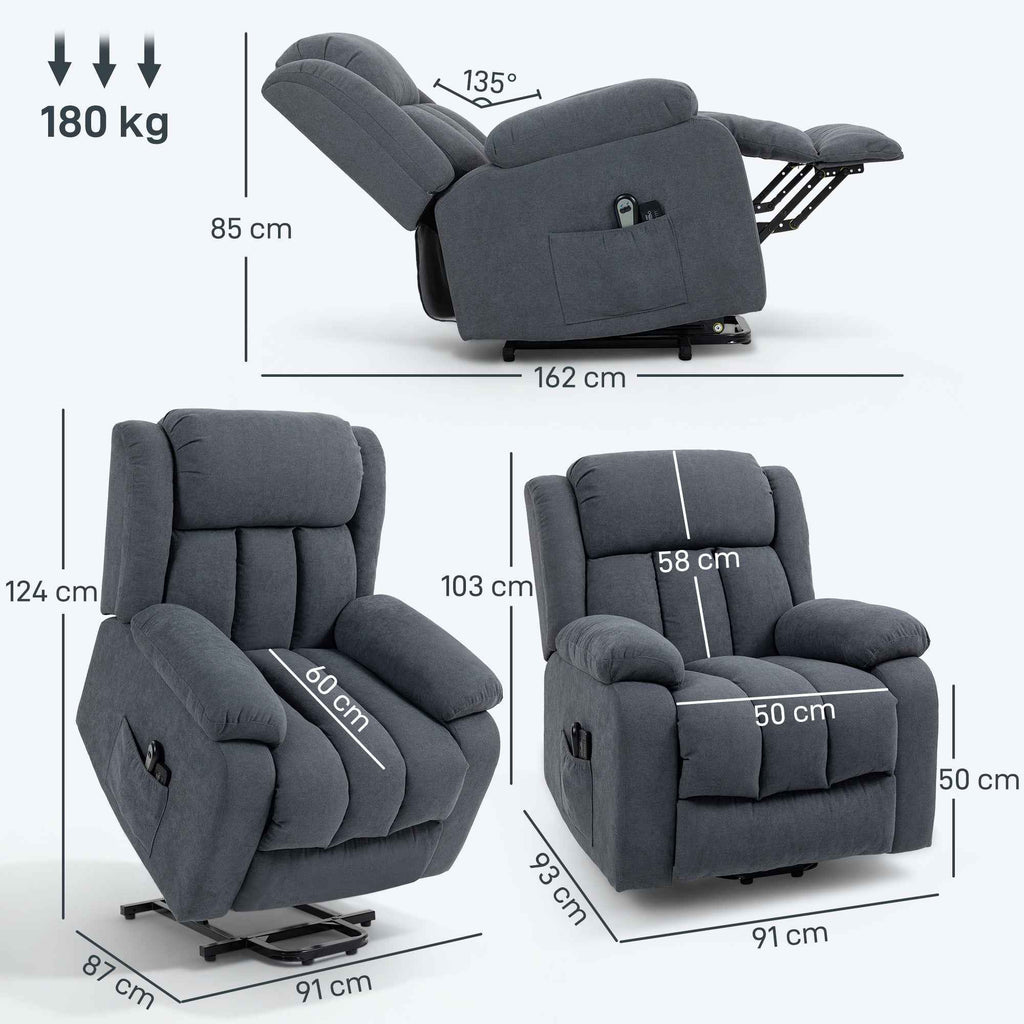 135° Electric Lift Reclining Chair in Linen Effect Fabric with Footrest, Dark Grey