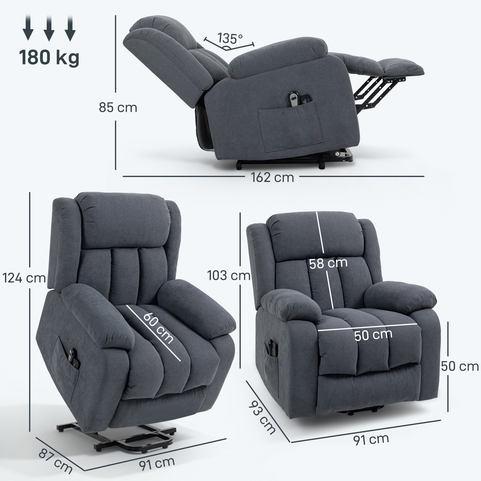 135° Electric Lift Reclining Chair in Linen Effect Fabric with Footrest, Dark Grey