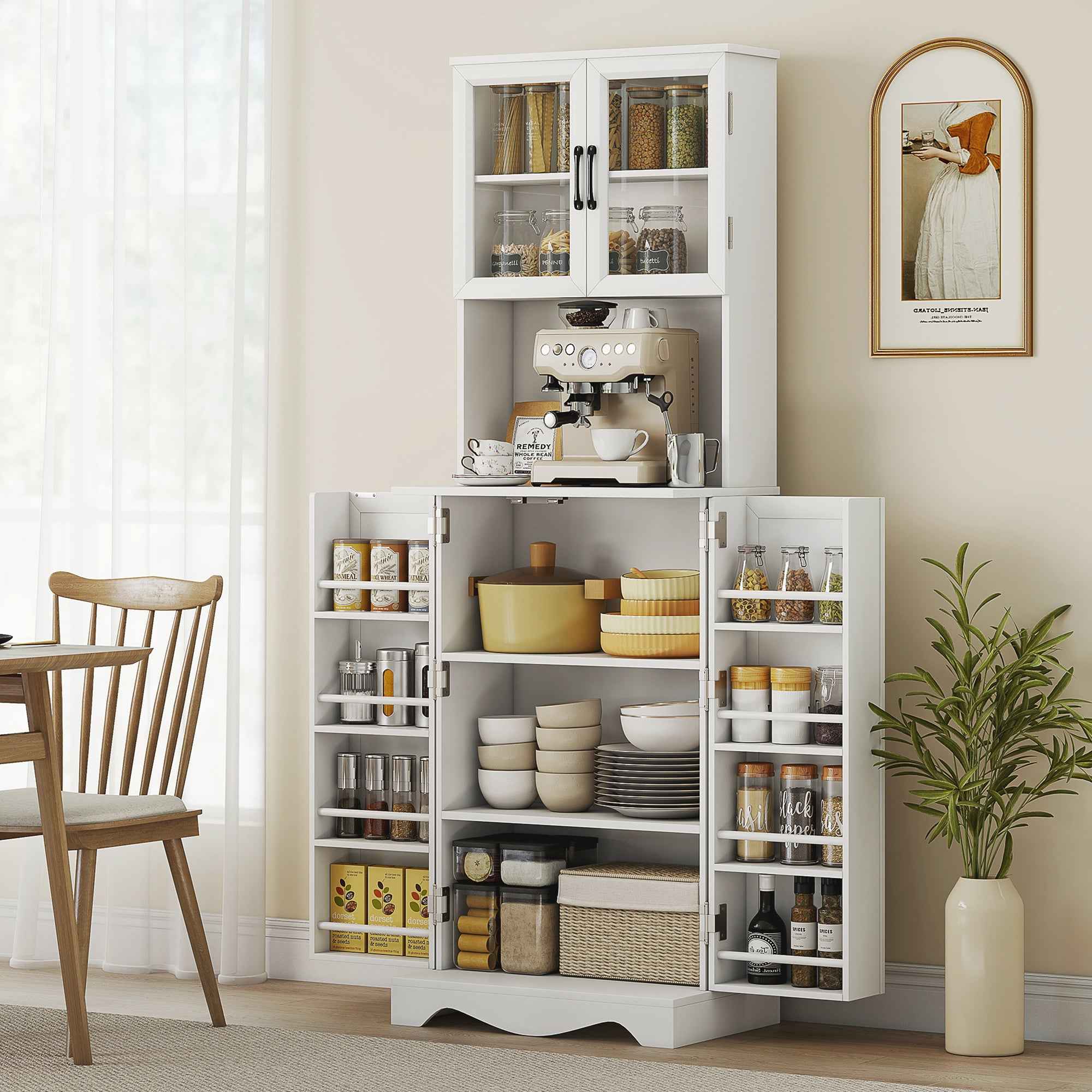 HOMCOM Kitchen Cabinet with 2 Cabinets and 8 Shelves, Wood and Acrylic, 60x39.5x179.6 cm, White