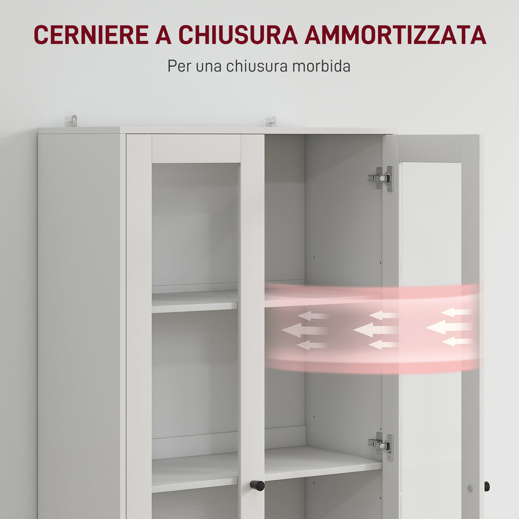 Kitchen Sideboard with Cabinet and 2 Drawers, Glass Doors and Adjustable Shelves, 59x30x164 cm, White
