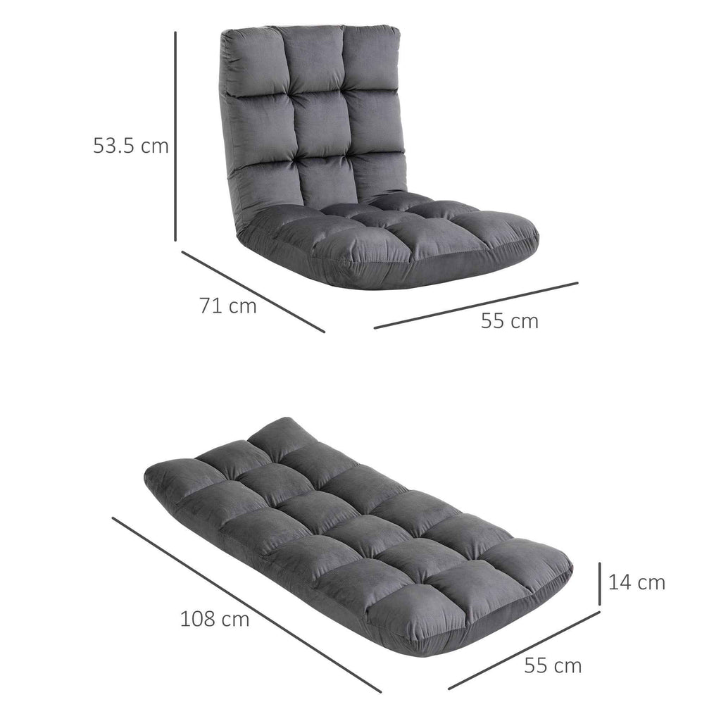 HOMCOM Velvet Floor Chair with 180° Reclining Backrest and Thick Padding, 55x71x53.5cm, Dark Grey