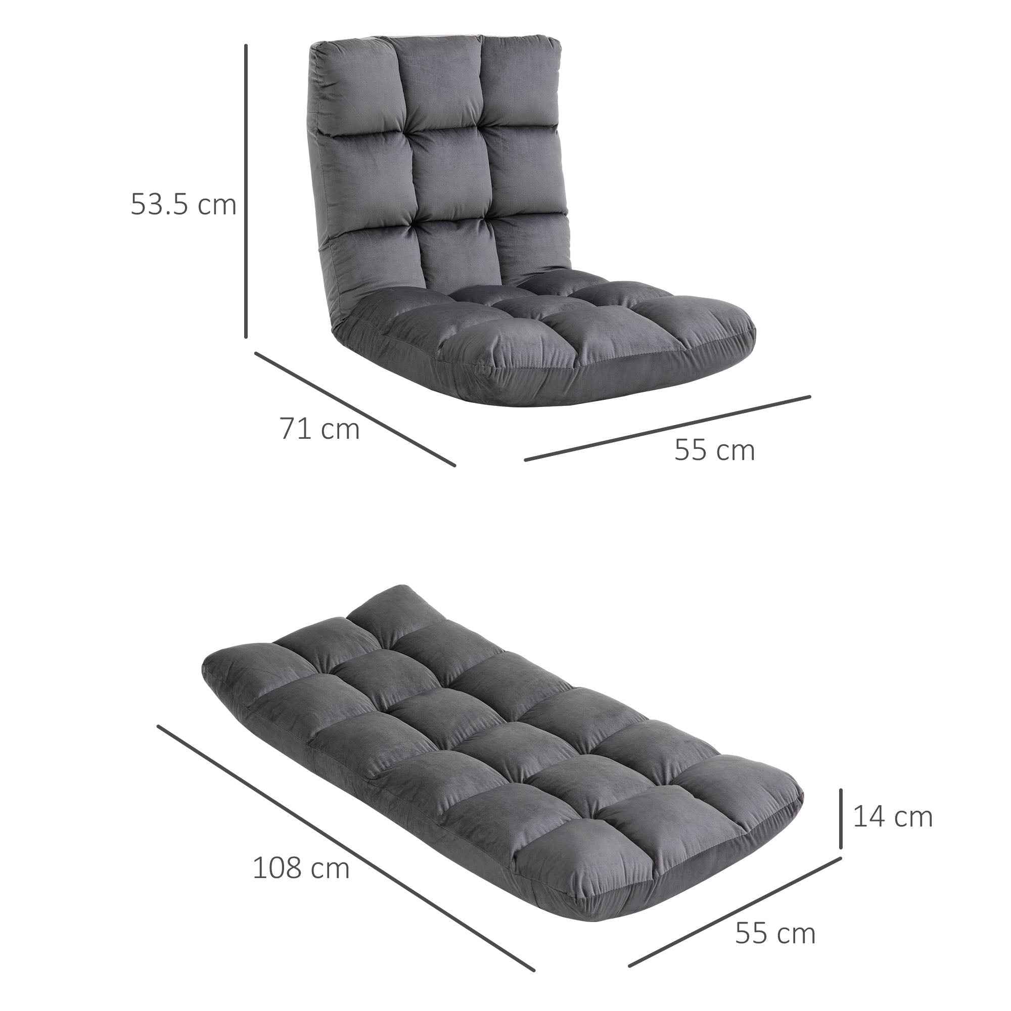HOMCOM Velvet Floor Chair with 180° Reclining Backrest and Thick Padding, 55x71x53.5cm, Dark Grey