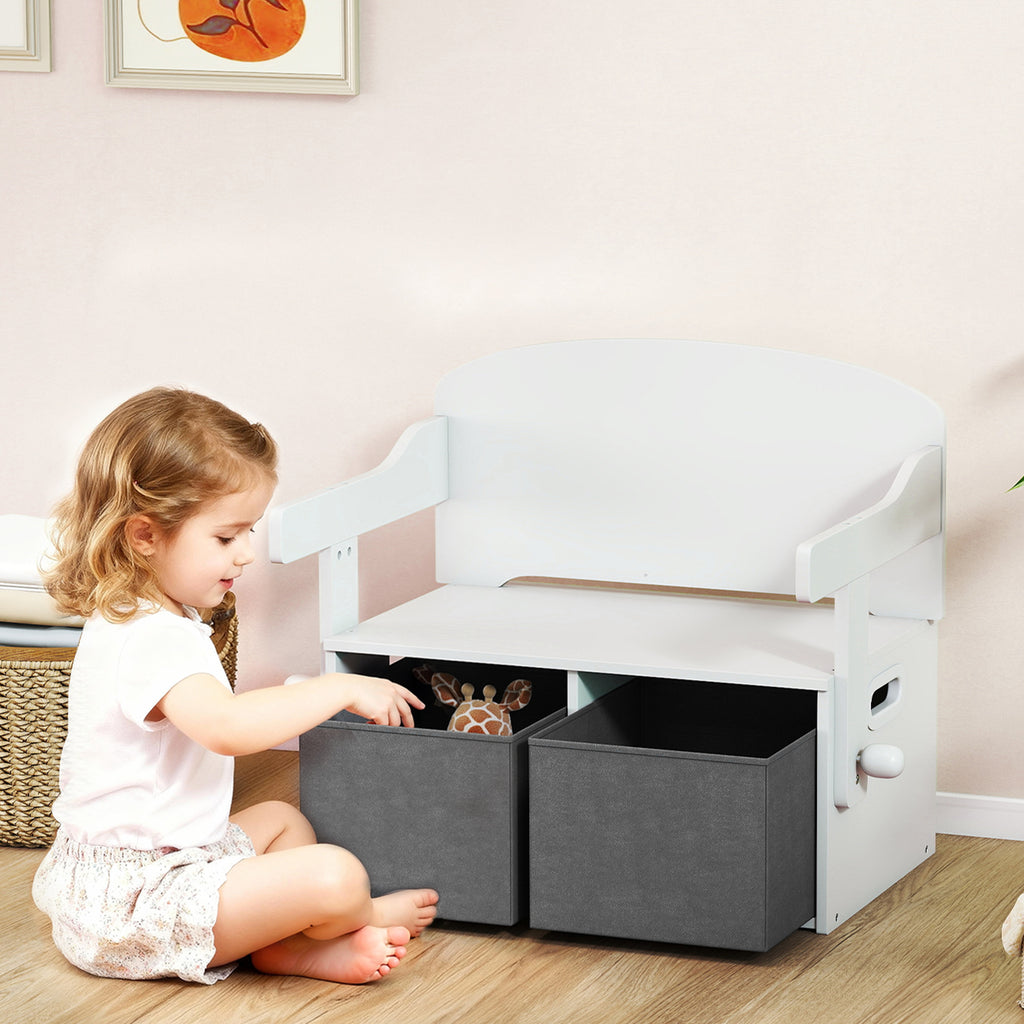 AIYAPLAY 3 in 1 Toy Bench for Children Ages 3-6, Convertible to Table and Chair with 2 Storage Bins, White