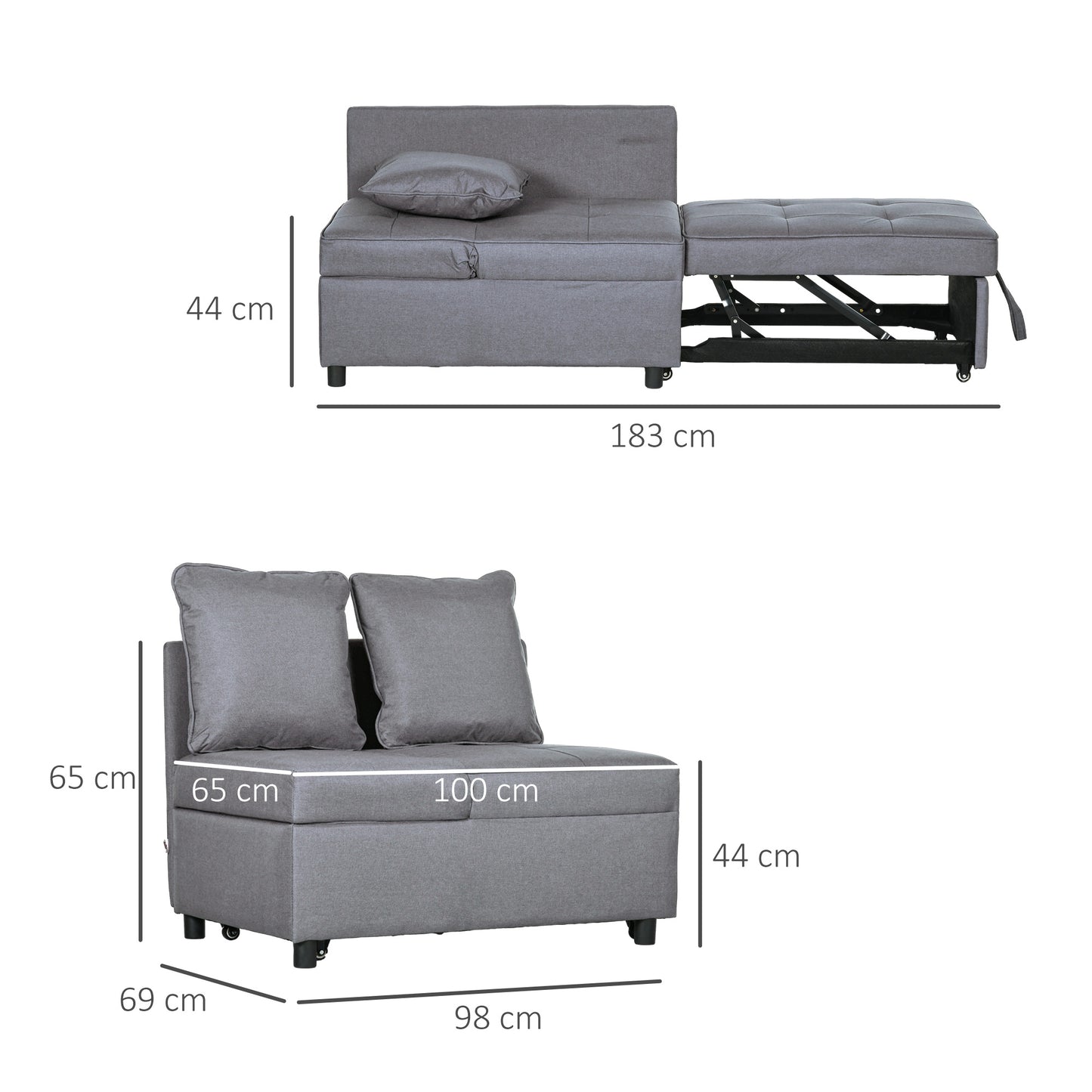 3 in 1 Reclining Armchair Bed in Linen and Wood Effect Fabric, 98x69x65 cm, Dark Grey